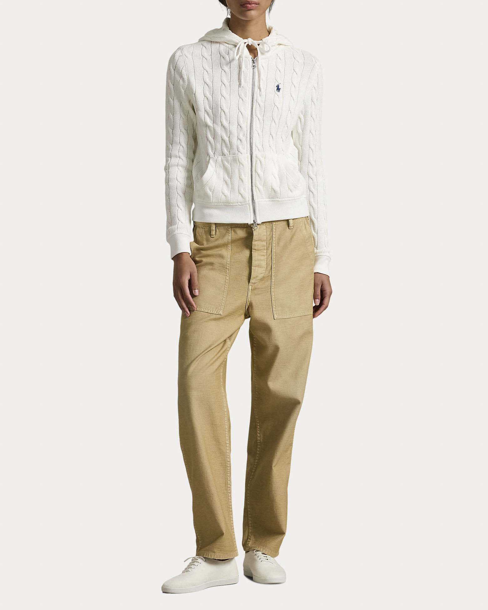 Maglia bianca Polo in cotone a trecce con cappuccio e chiusura zip