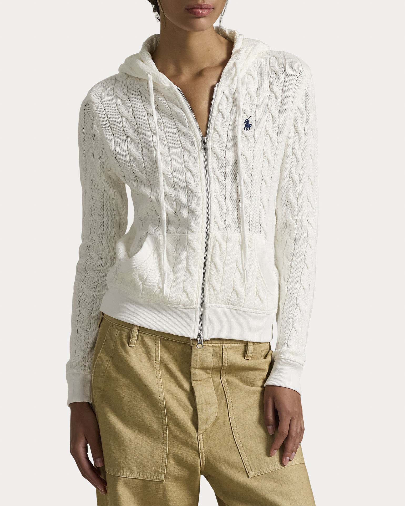 Maglia bianca Polo Ralph Lauren in cotone a trecce con cappuccio e chiusura zip image