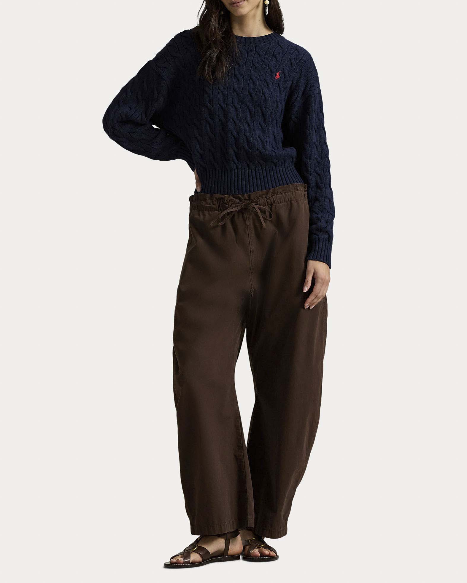 Maglione girocollo blu navy Polo in cotone a trecce con logo Pony ricamato