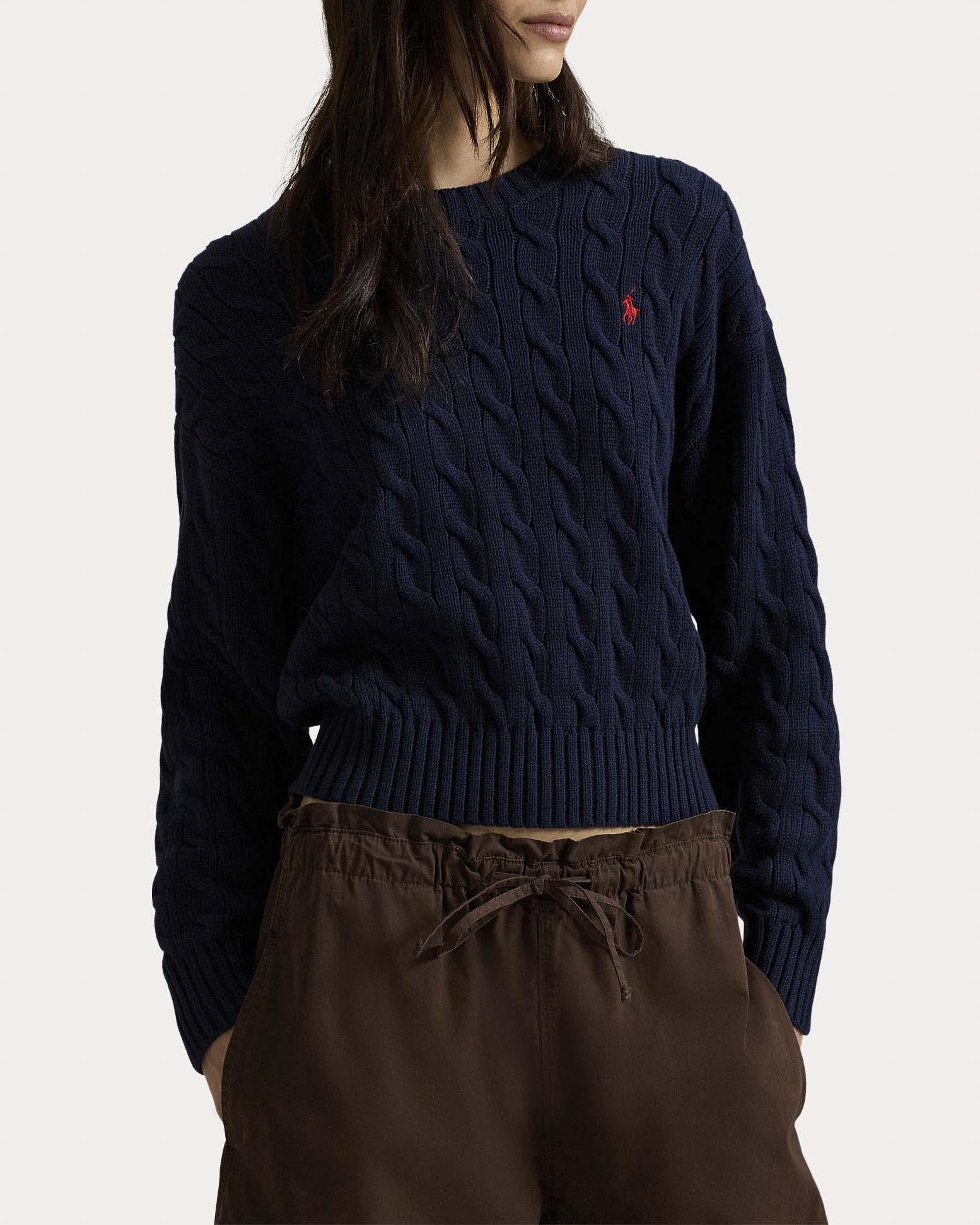 Maglione girocollo blu navy Polo Ralph Lauren in cotone a trecce con logo Pony ricamato image