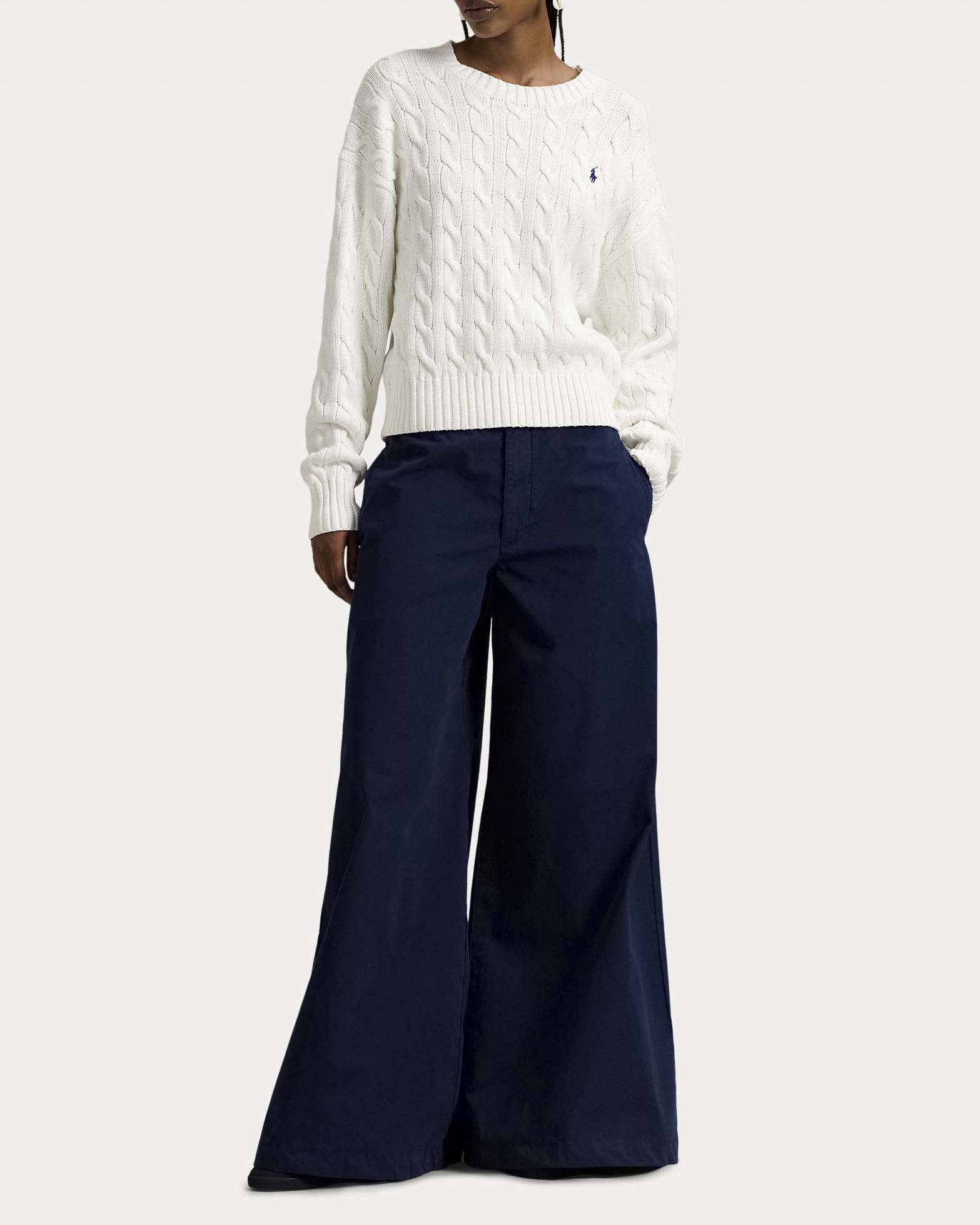 Maglione girocollo bianco Polo in cotone a trecce con logo Pony ricamato