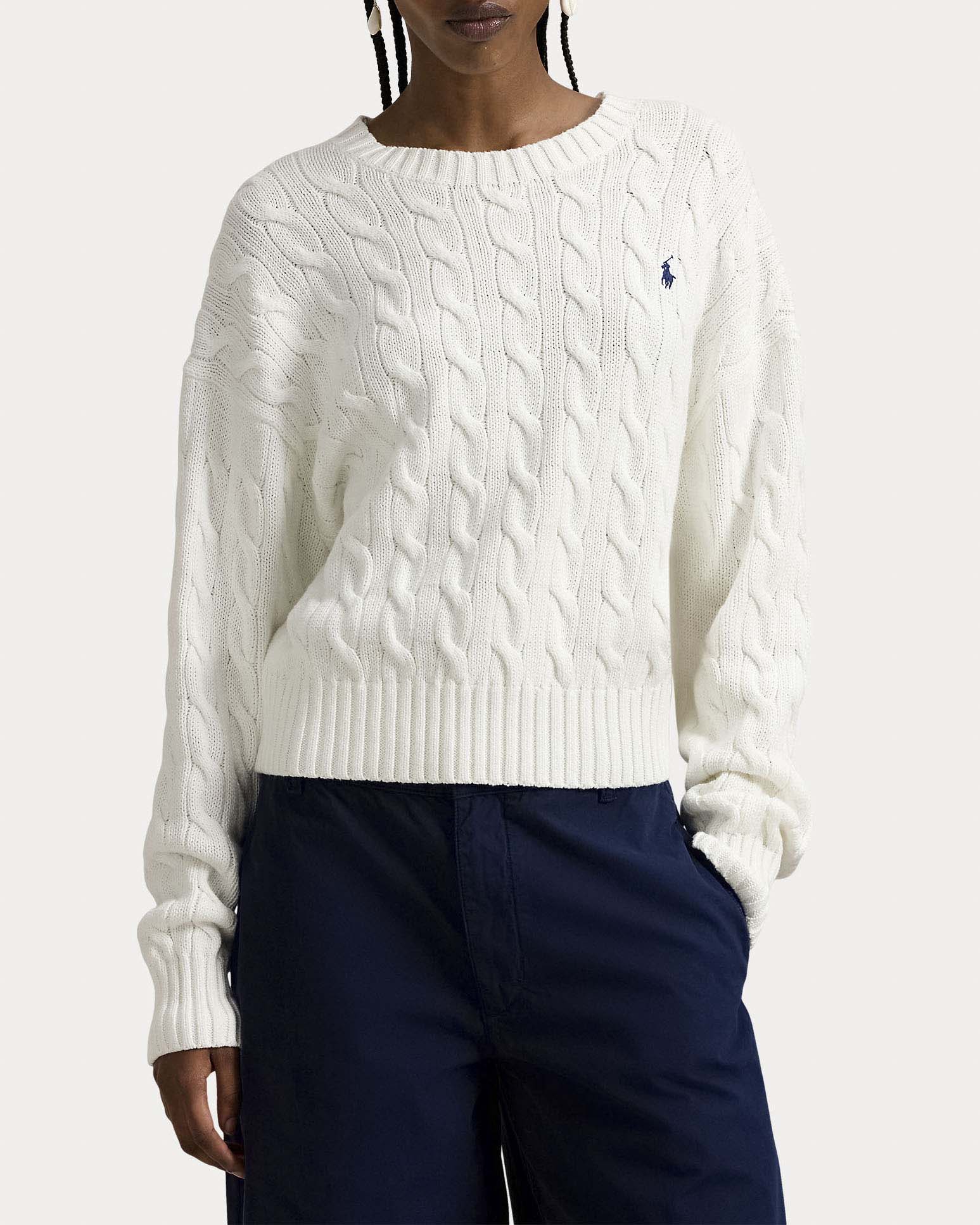 Maglione girocollo bianco Polo Ralph Lauren in cotone a trecce con logo Pony ricamato image