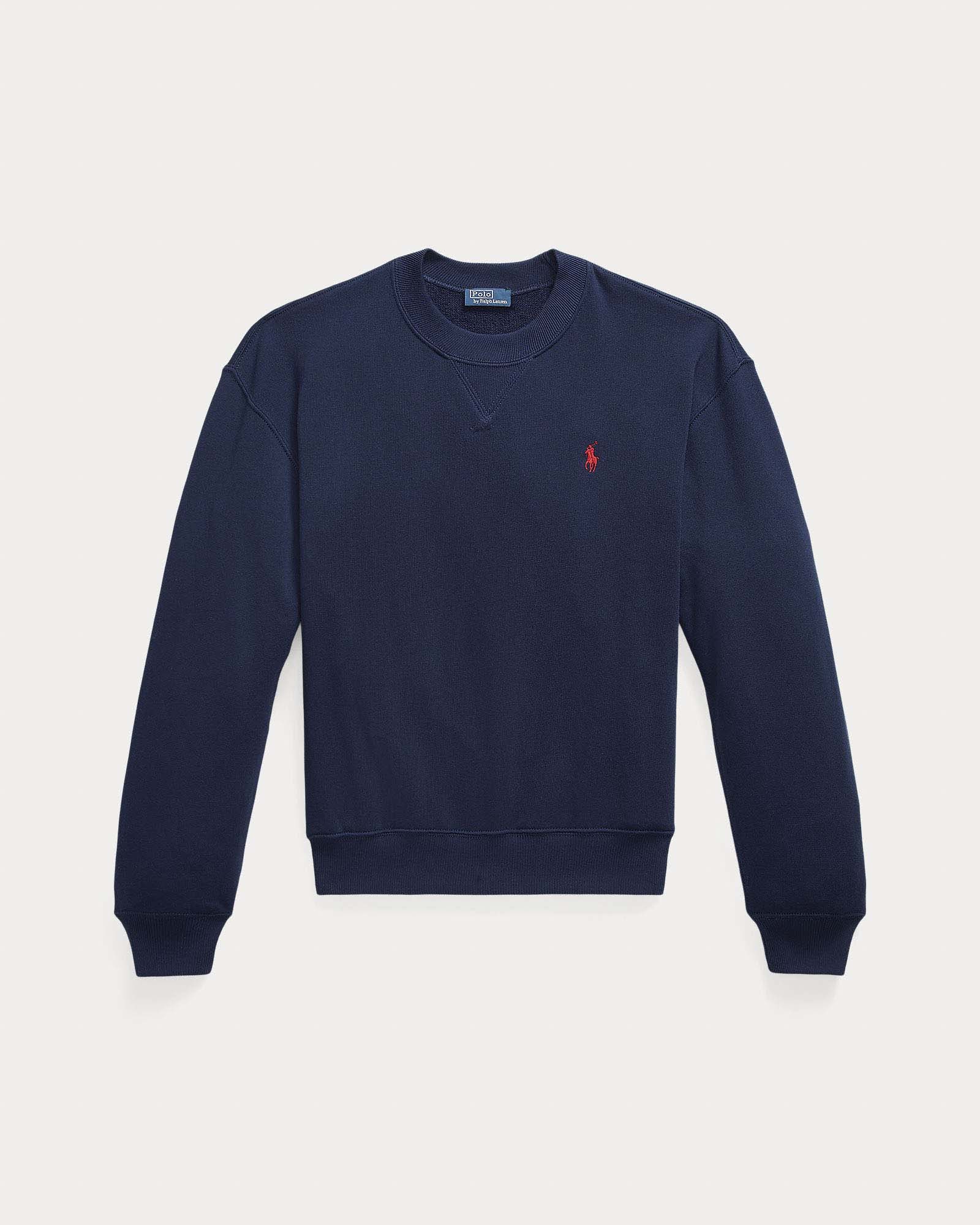 Felpa blu navy girocollo garzata in cotone Polo con logo Pony ricamato