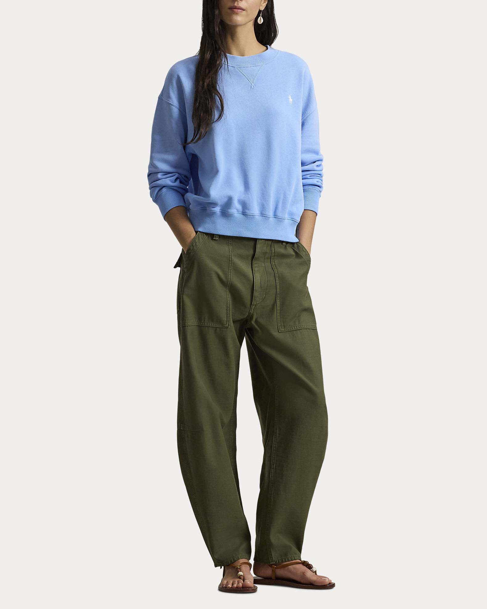 Felpa azzurra girocollo garzata in cotone Polo Ralph Lauren con logo Pony ricamato