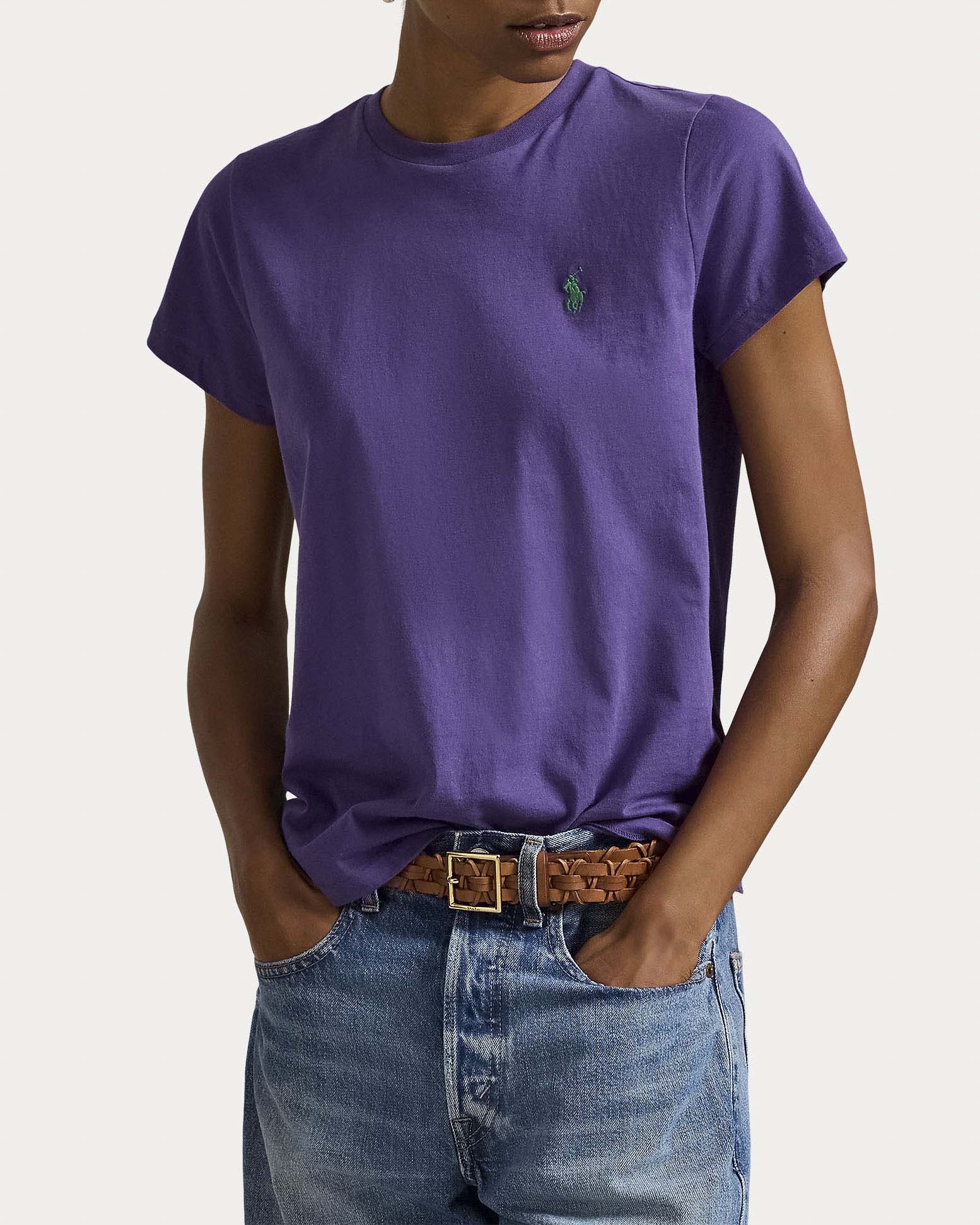 T-shirt a maniche corte viola in cotone Polo Ralph Lauren con logo Pony ricamato a contrasto image