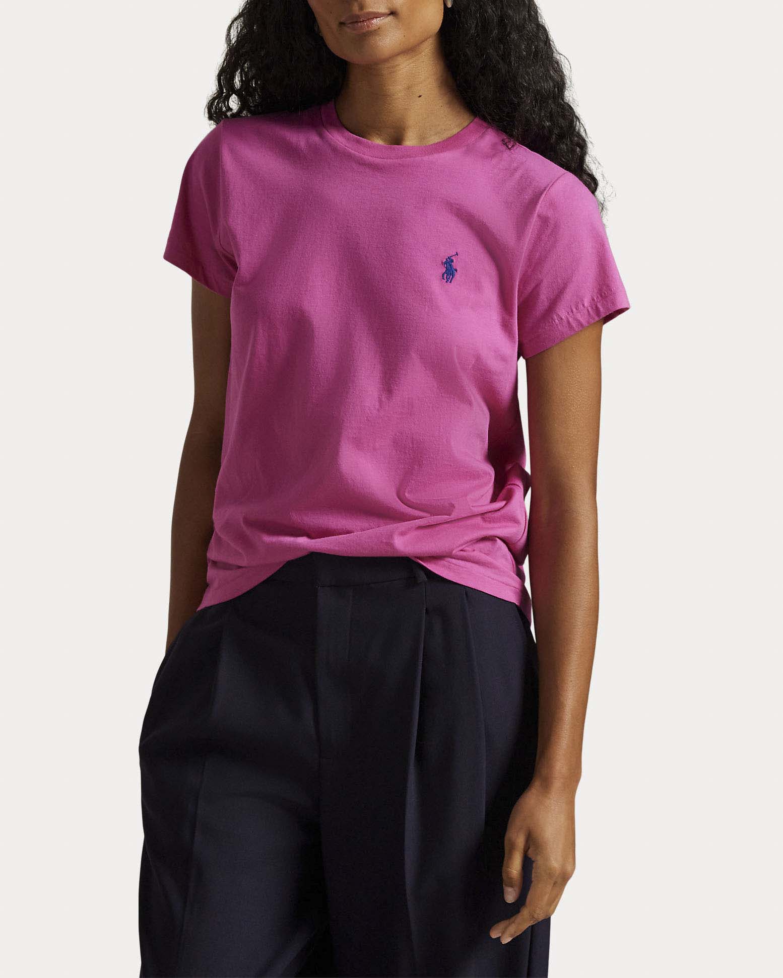 T-shirt a maniche corte fucsia in cotone Polo Ralph Lauren con logo Pony ricamato a contrasto image