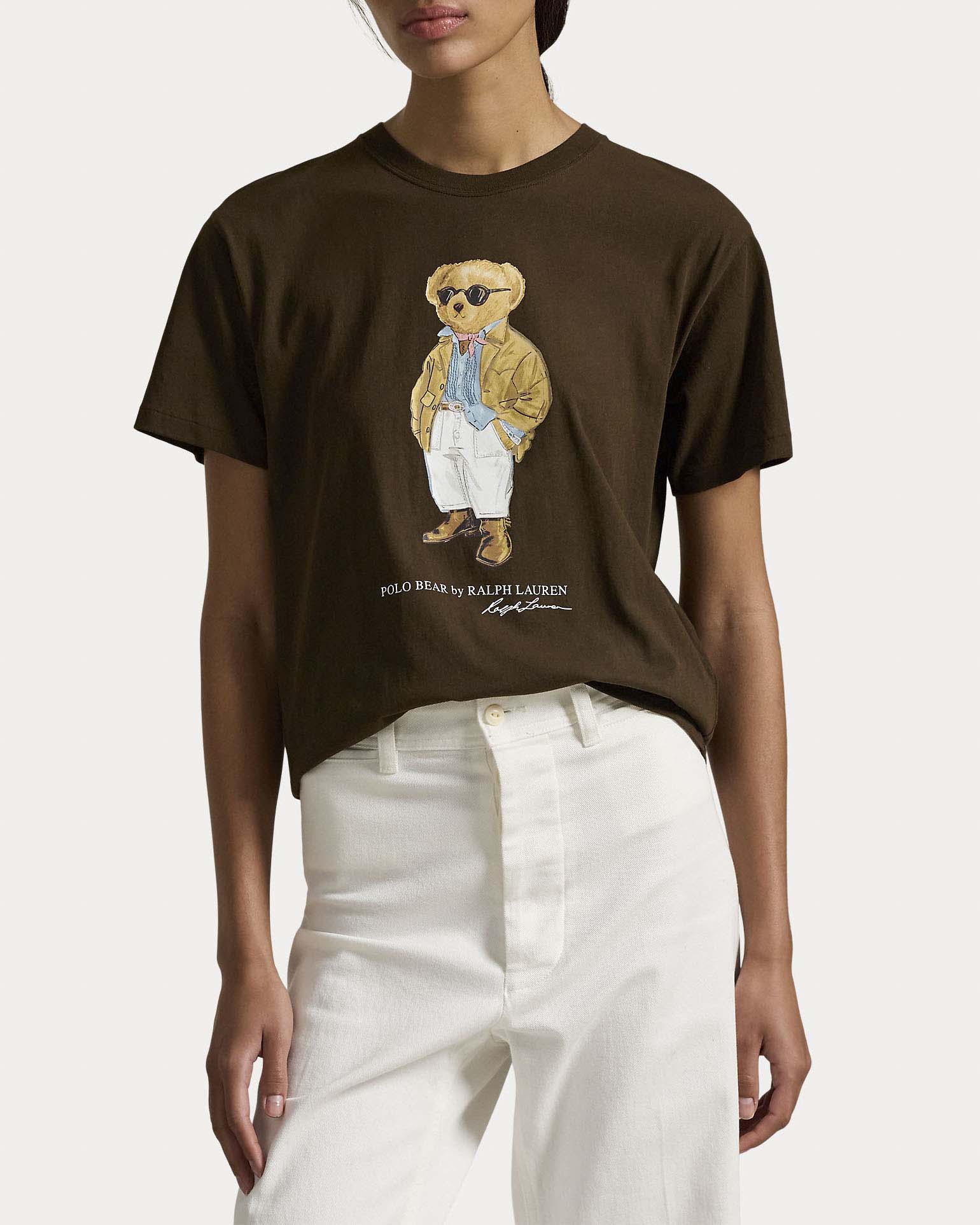 T-shirt a maniche corte marrone in puro cotone Polo Ralph Lauren con Polo Bear stampato image