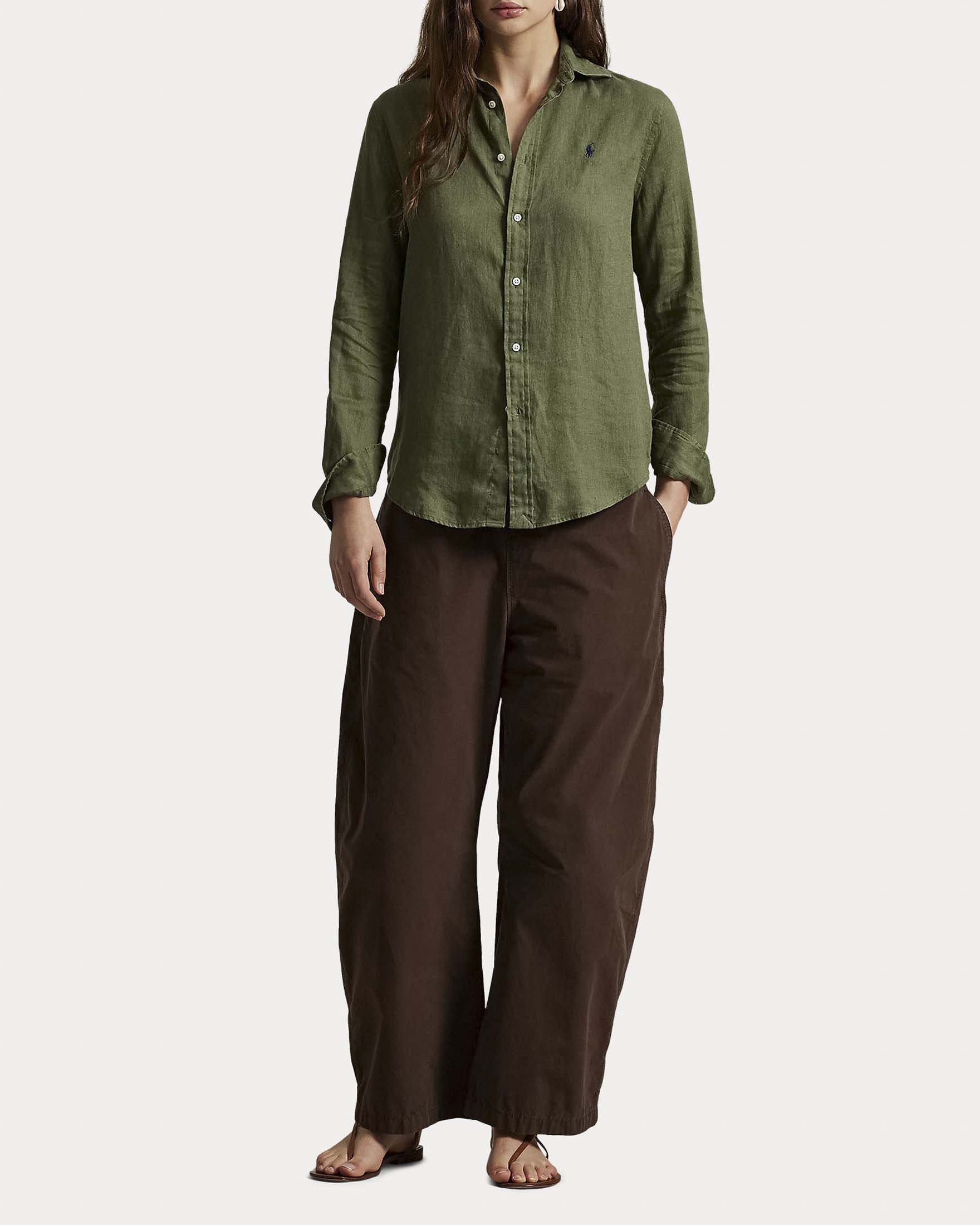 Camicia verde militare Polo Ralph Lauren in lino con logo ricamato sul petto a contrasto