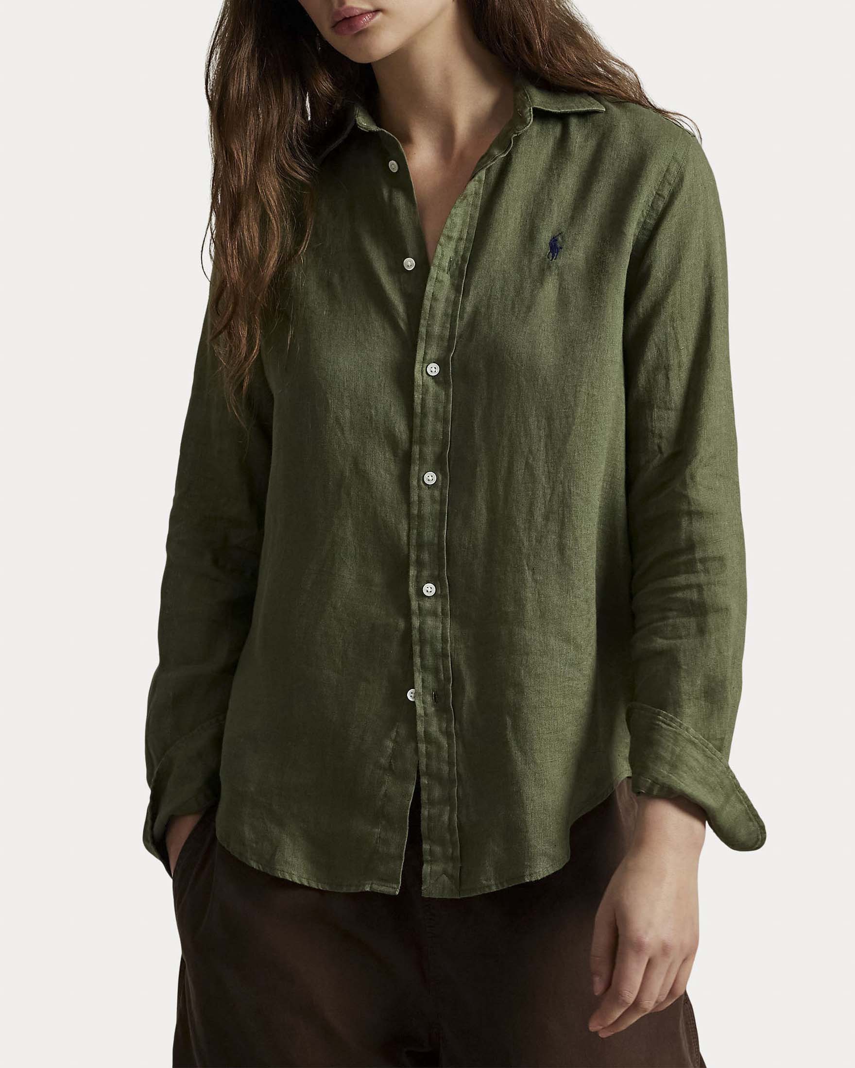 Camicia verde militare Polo Ralph Lauren in lino con logo ricamato sul petto a contrasto image