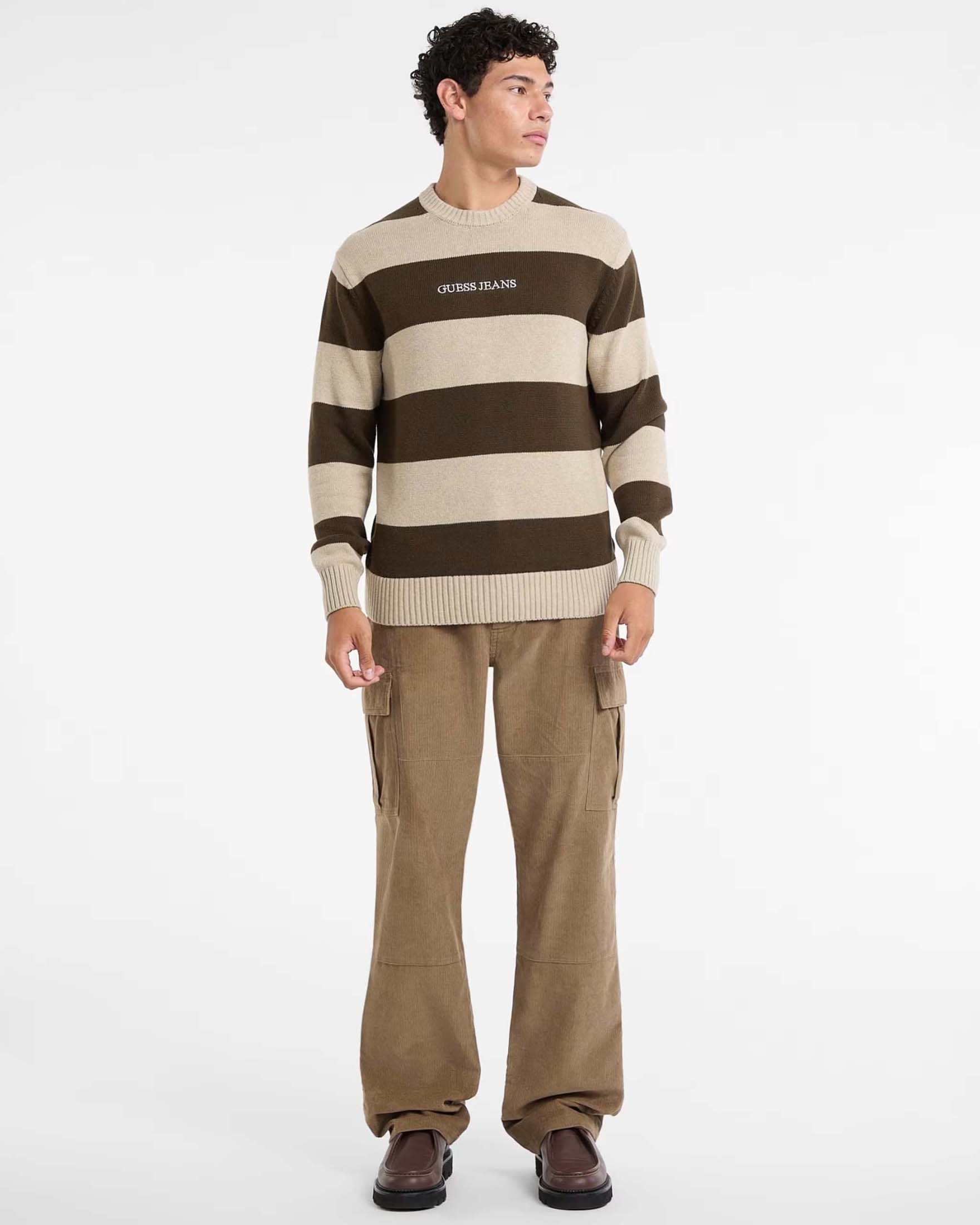Maglione Guess Jeans a righe marroni e beige in cotone con logo ricamato sul davanti