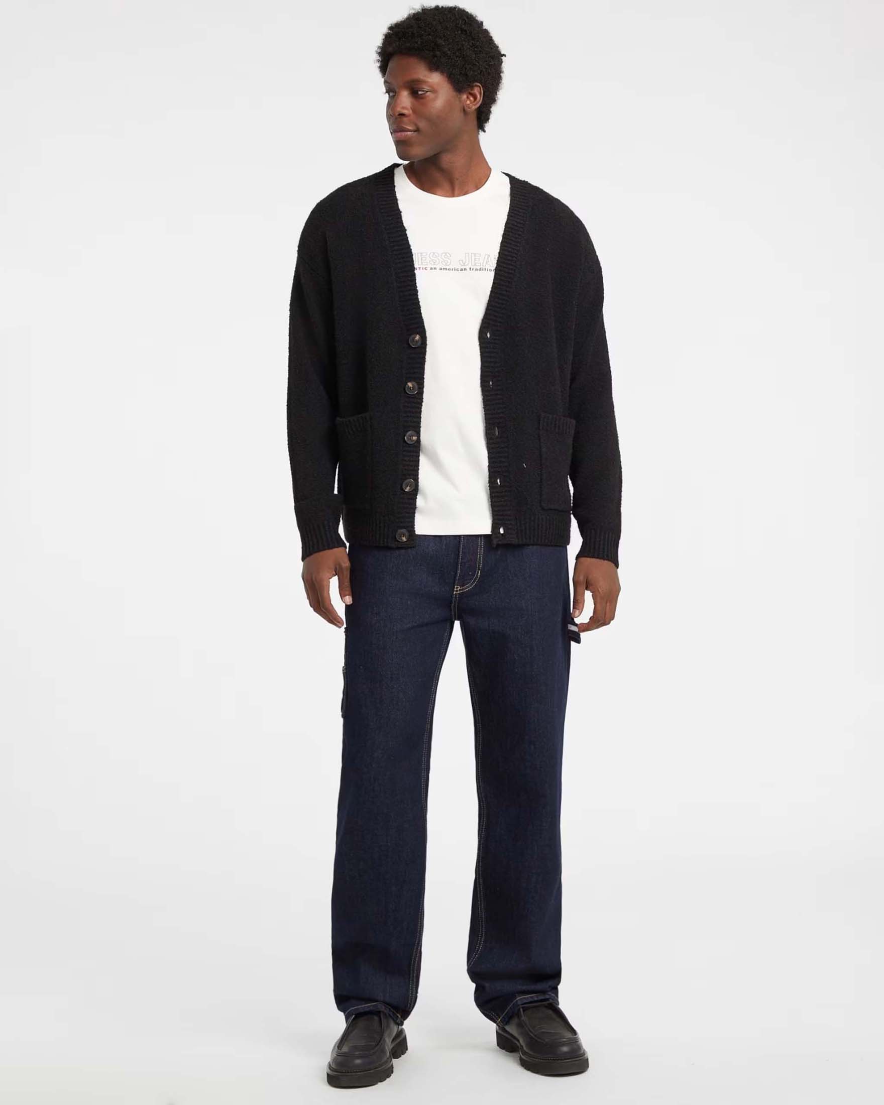 Cardigan Guess Jeans nero in misto cotone bouclé con bottoni e tasche frontali