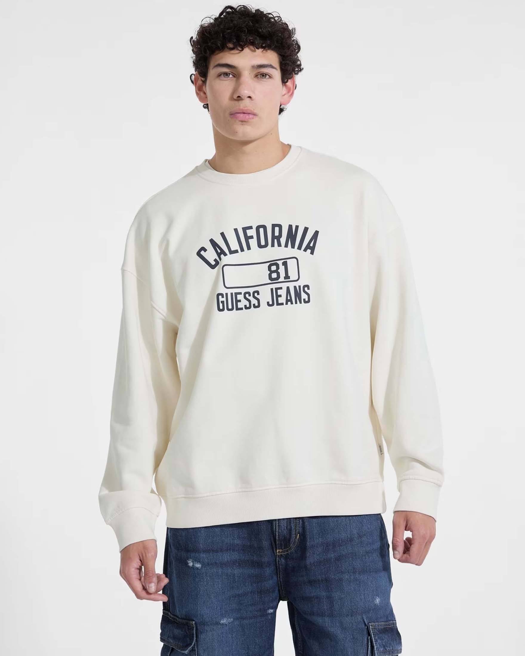 Felpa girocollo Guess Jeans bianca in cotone con stampa logo frontale image