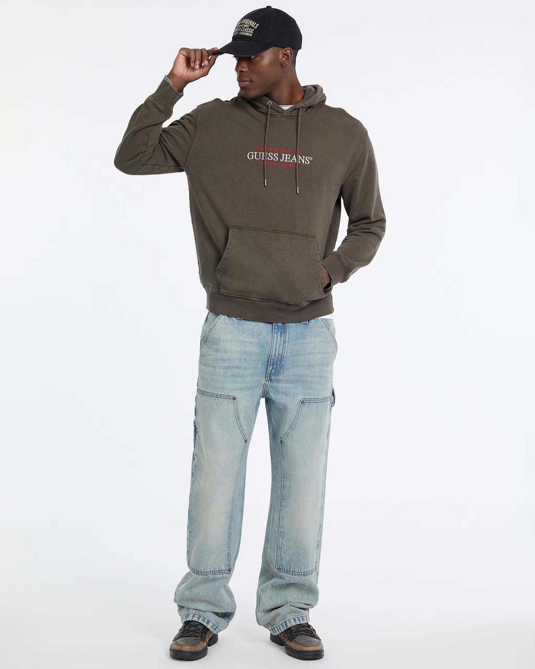 Felpa con cappuccio Guess Jeans marrone in cotone con logo ricamato sul davanti