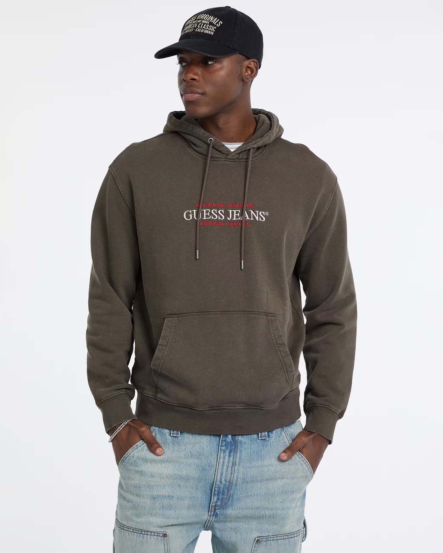 Felpa con cappuccio Guess Jeans marrone in cotone con logo ricamato sul davanti image