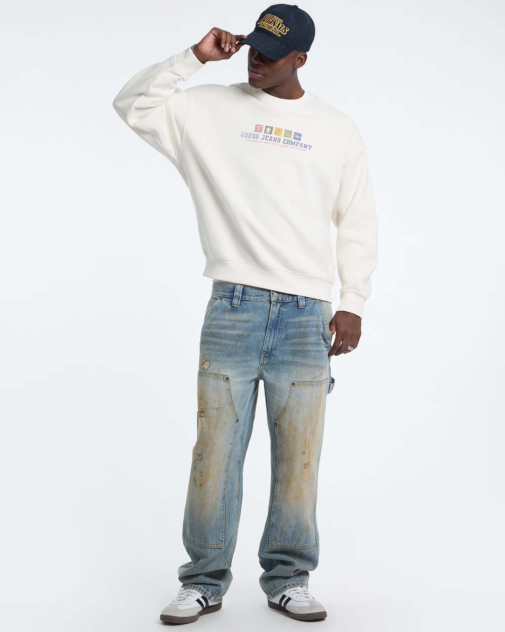 Felpa girocollo Guess Jeans panna in misto cotone con stampa logo frontale