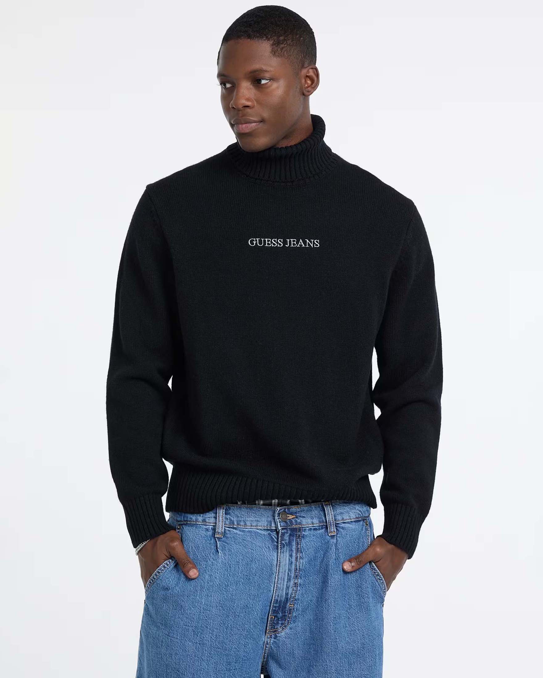 Dolcevita Guess Jeans nero in misto cotone e lana con logo ricamato sul davanti image