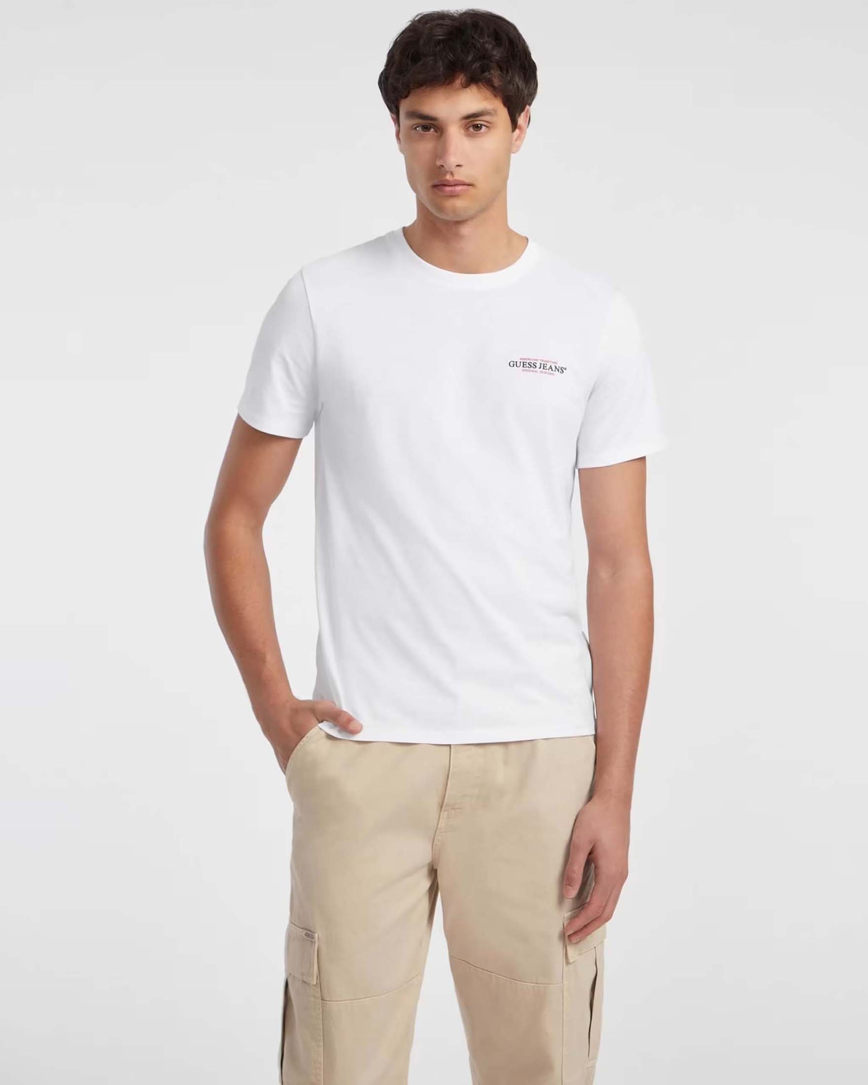 T-shirt mezza manica Guess Jeans bianca in puro cotone image