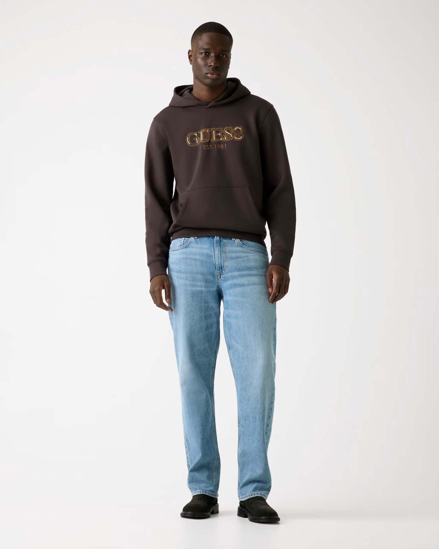 Felpa con cappuccio Guess marrone in misto cotone con logo ricamato sul davanti