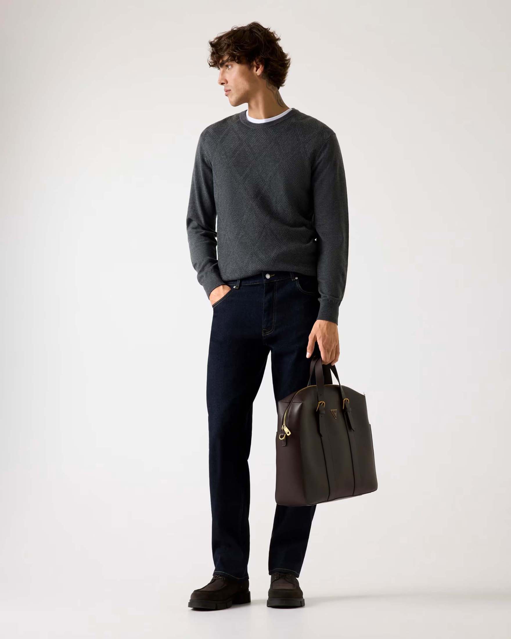 Maglia girocollo Guess grigia in misto lana con motivo jacquard a rombi