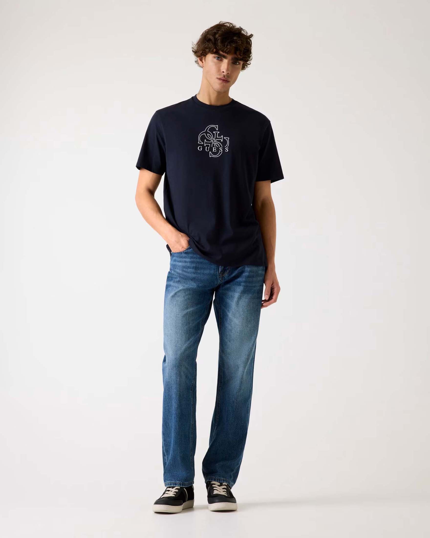 T-shirt Guess blu scuro in cotone con logo 4G ricamato sul davanti