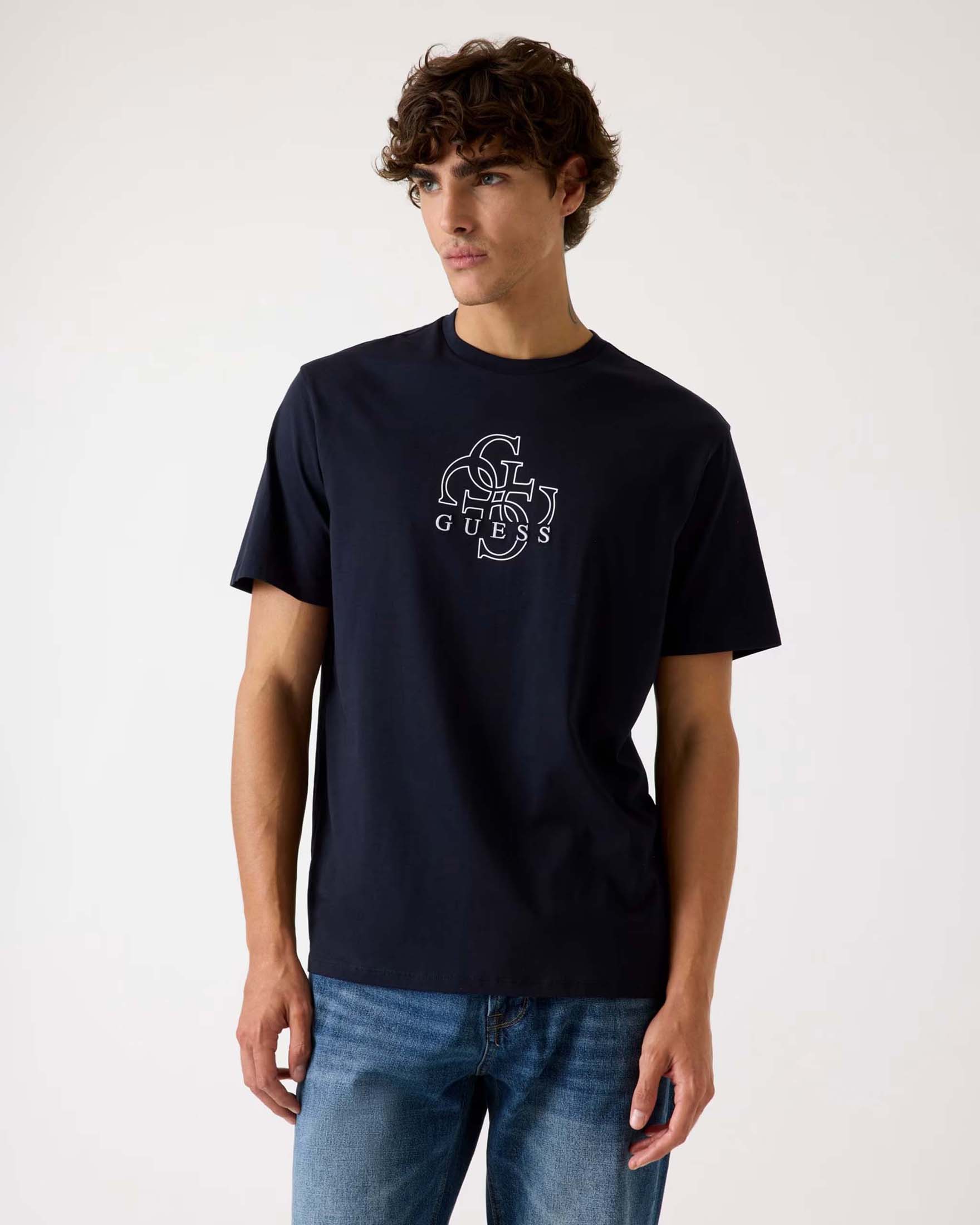 T-shirt Guess blu scuro in cotone con logo 4G ricamato sul davanti image