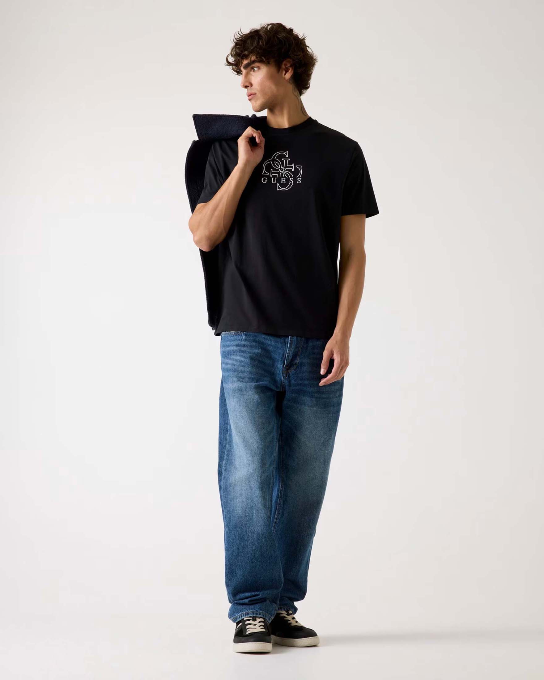 T-shirt Guess nera in cotone con stampa logo 4G frontale