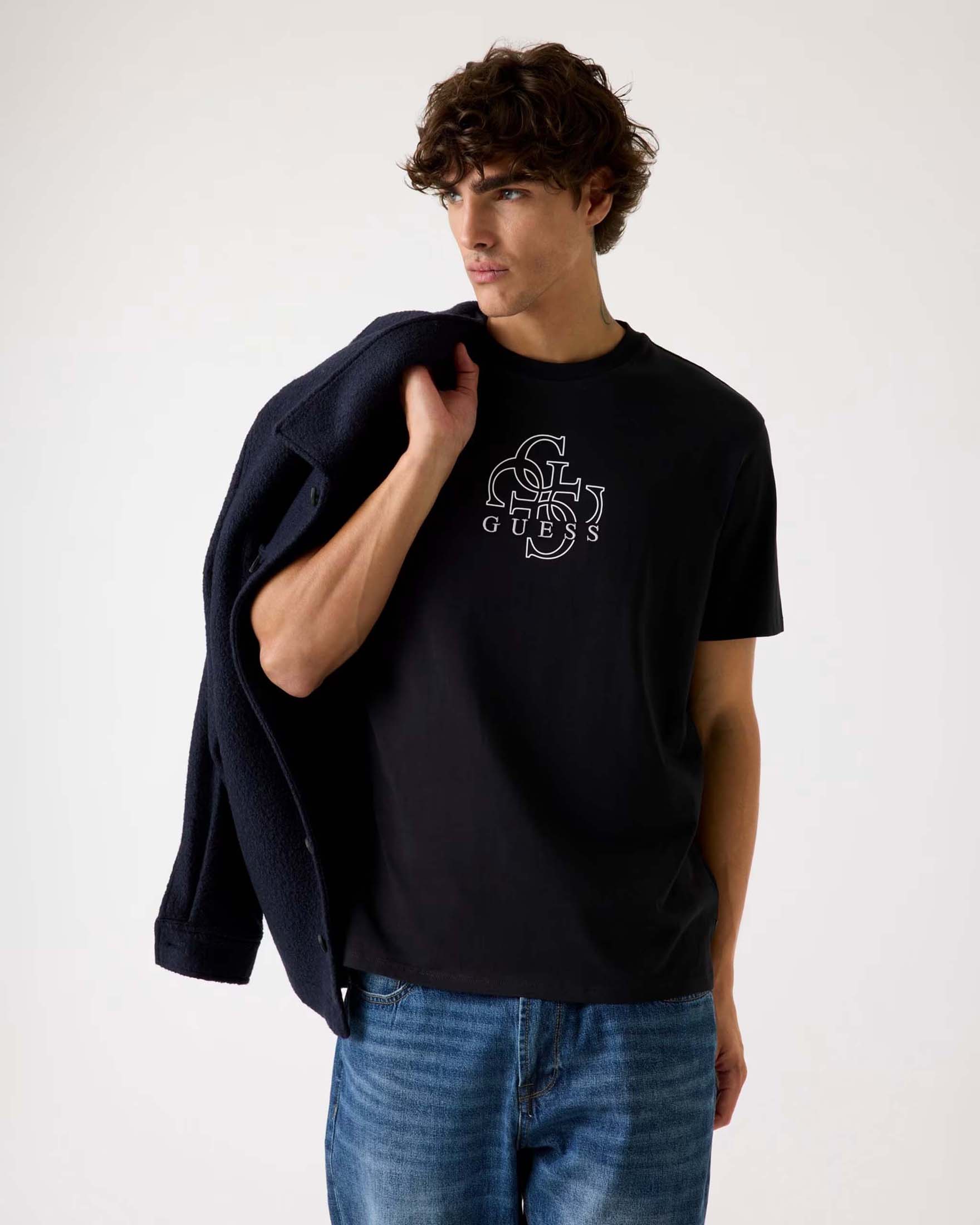 T-shirt Guess nera in cotone con stampa logo 4G frontale image