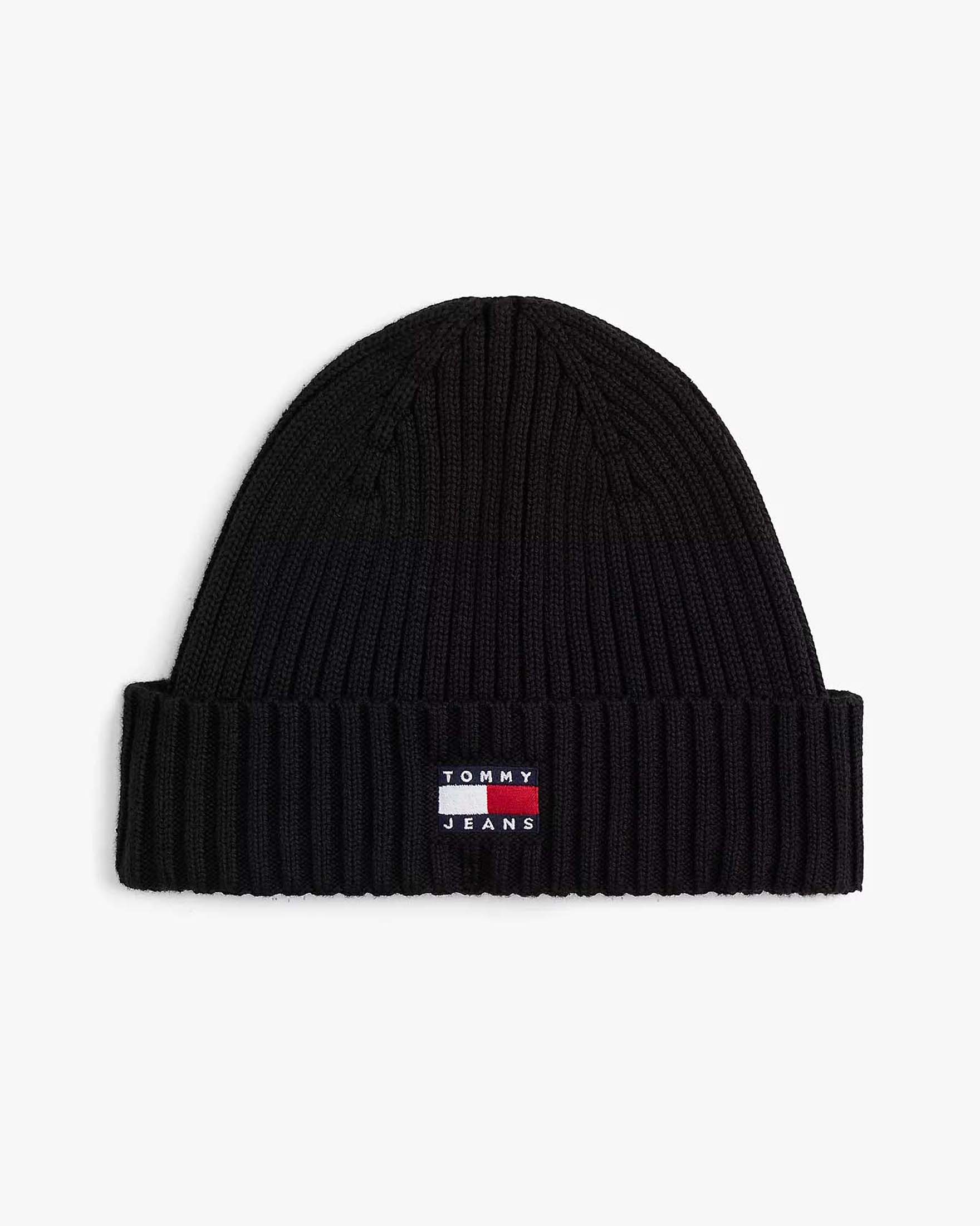 Berretto Tommy Jeans nero in cotone a coste con logo flag ricamato sul risvolto