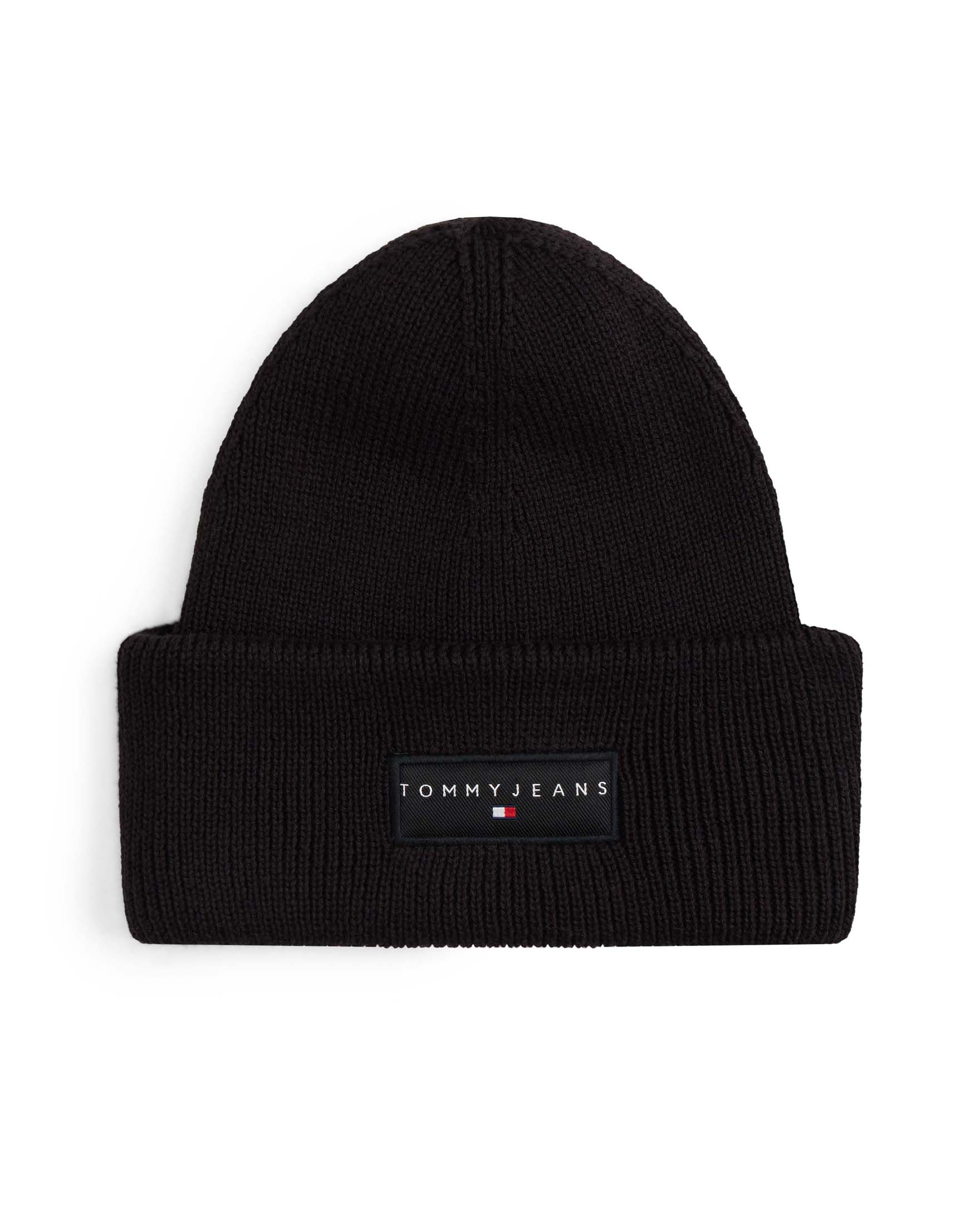 Berretto Tommy Jeans nero in cotone a costine con patch logo applicata sul risvolto