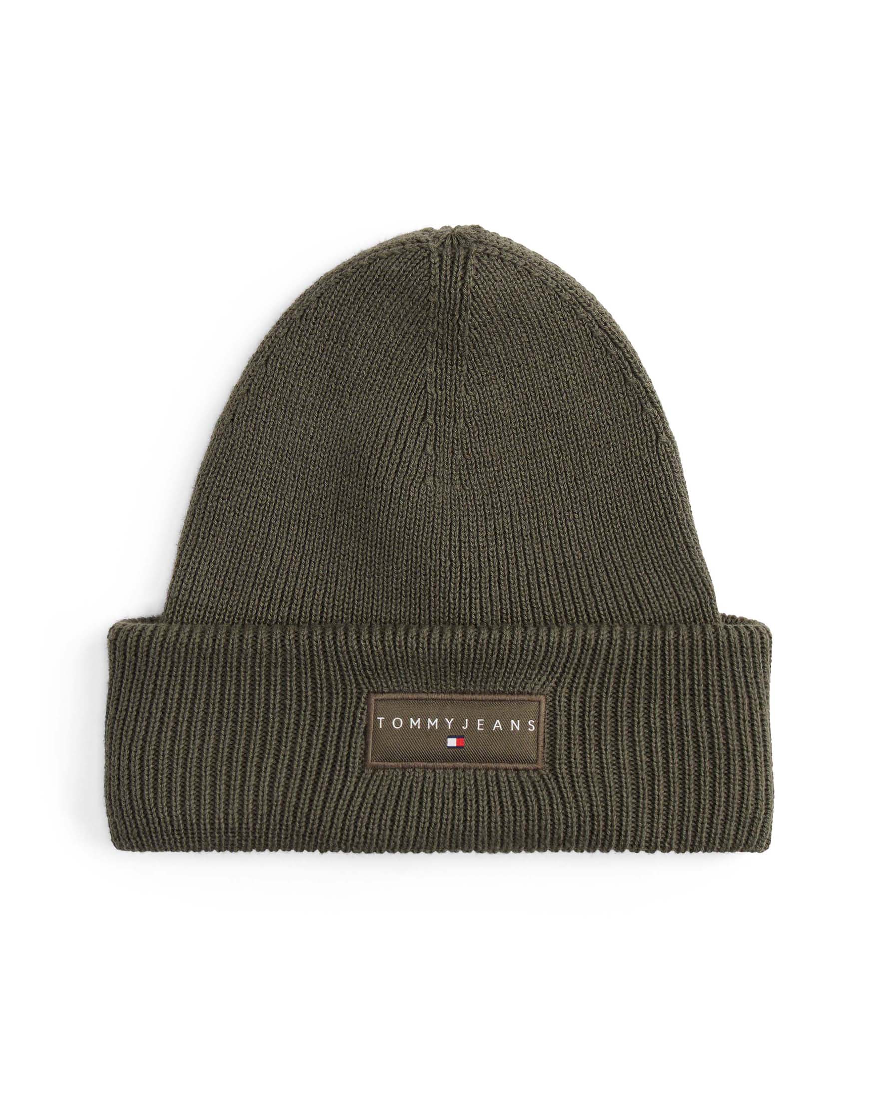 Berretto Tommy Jeans verde militare in cotone a costine con patch logo applicata sul risvolto