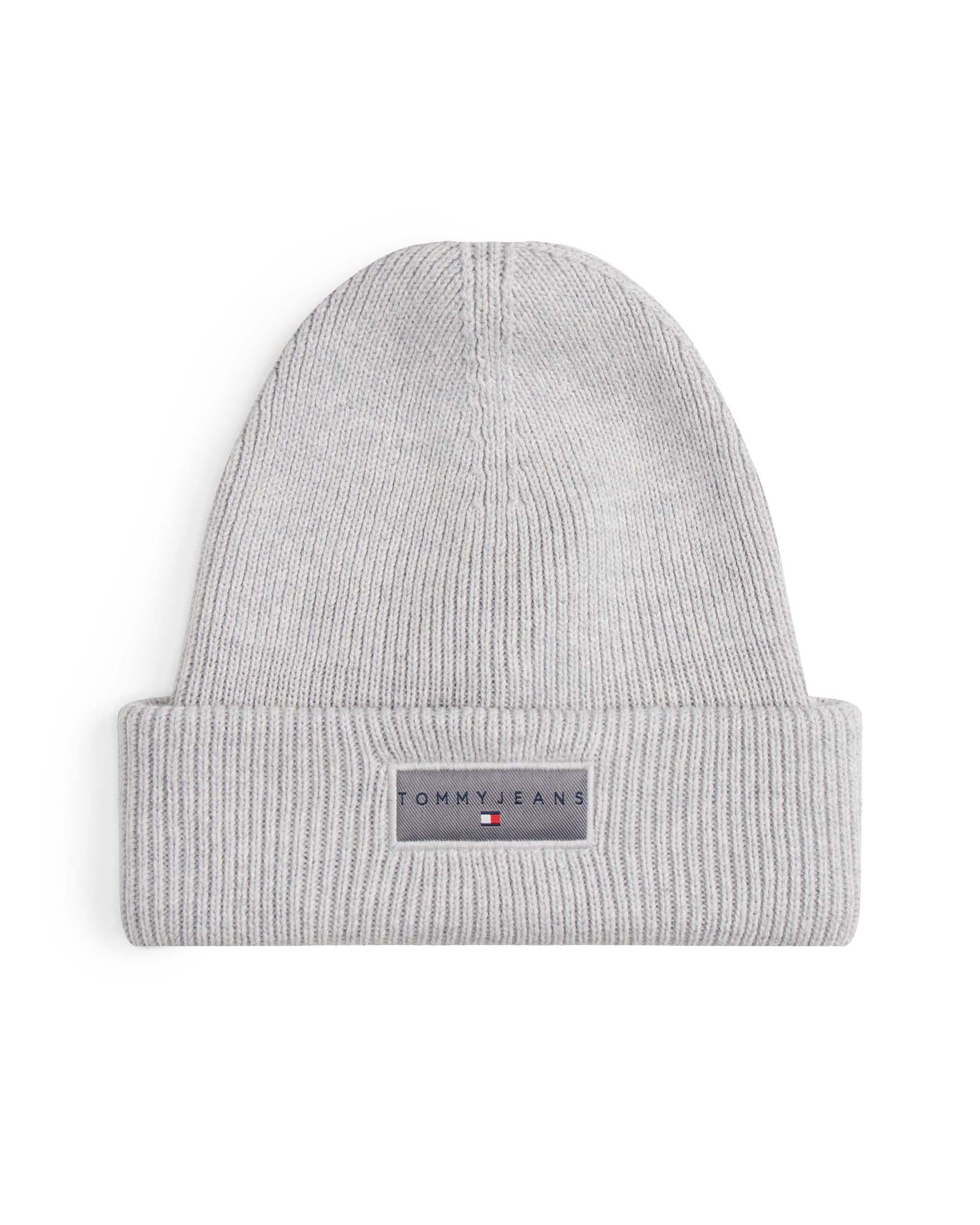 Berretto Tommy Jeans grigio in cotone a costine con patch logo applicata sul risvolto