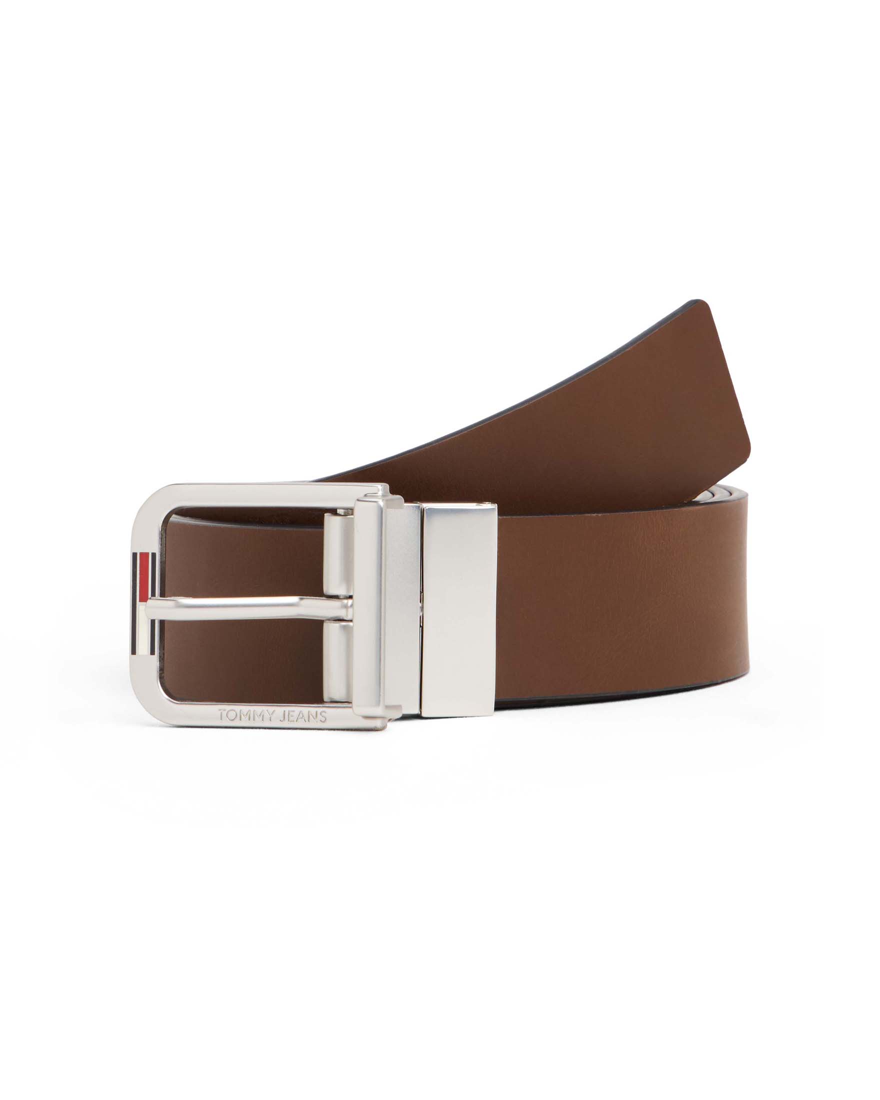 Cintura Tommy Jeans color cammello in pelle liscia reversibile in nero con fibbia e logo inciso