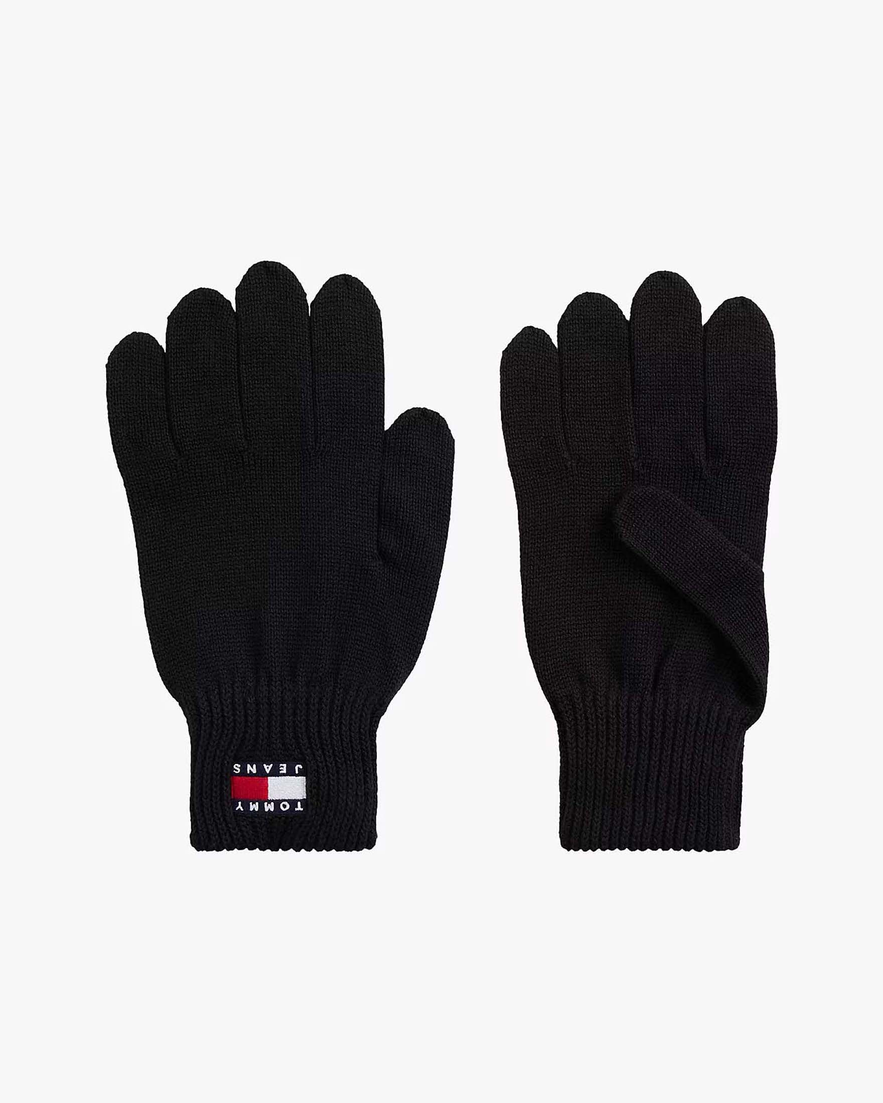 Guanti Tommy Jeans neri in cotone con logo ricamato sui polsini a costine