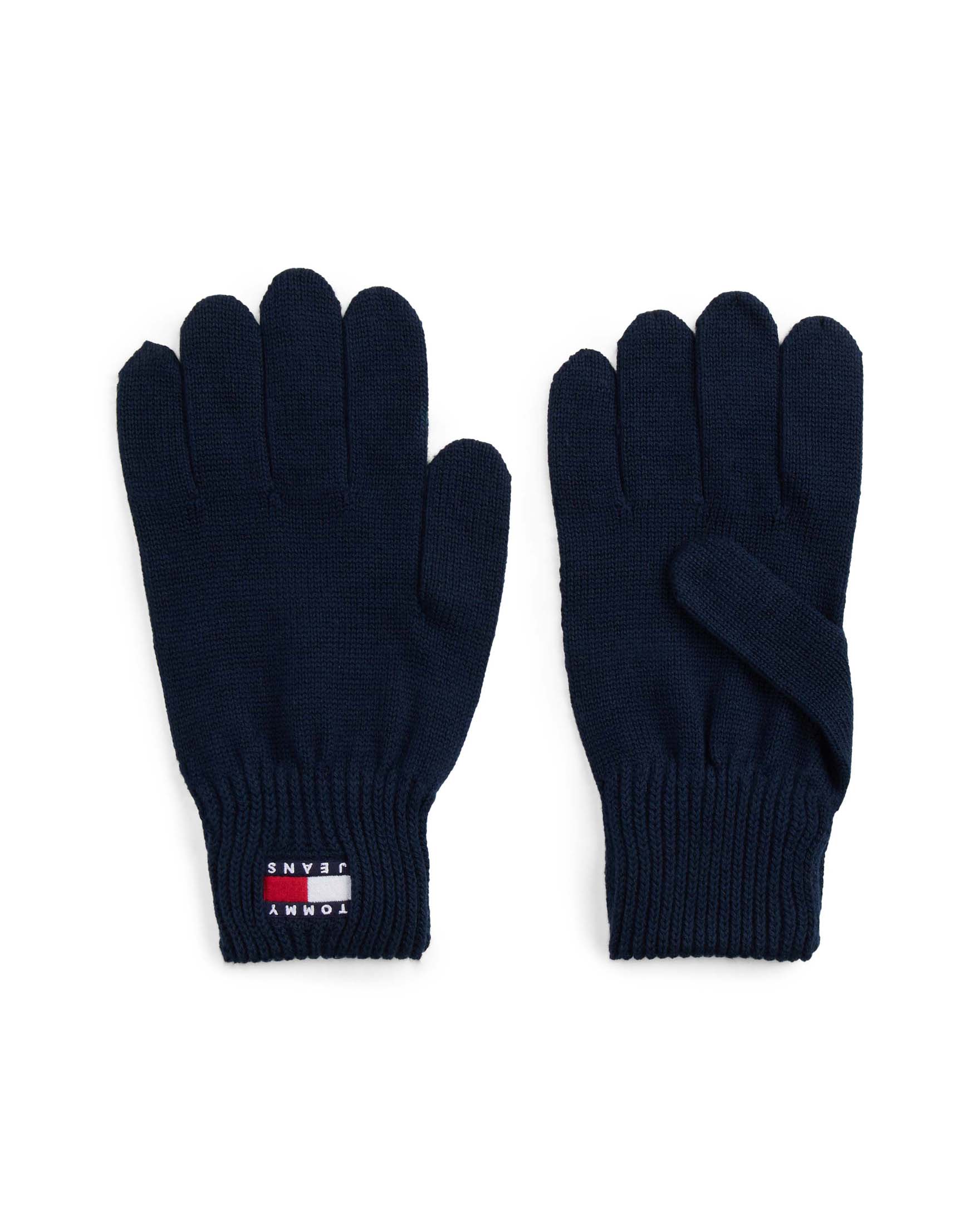 Guanti Tommy Jeans blu in cotone con logo ricamato sui polsini a costine