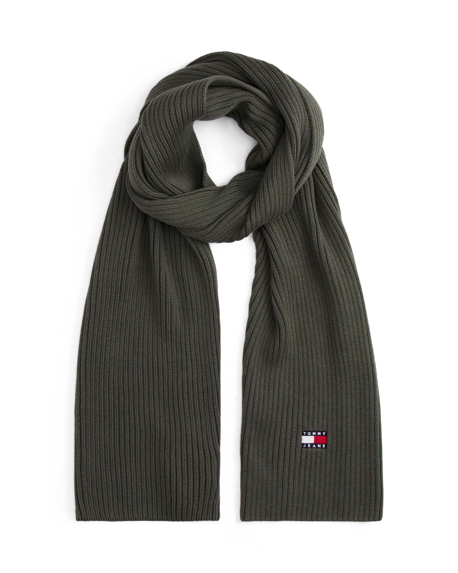 Sciarpa Tommy Jeans verde militare in cotone biologico con logo ricamato e lavorazione a coste