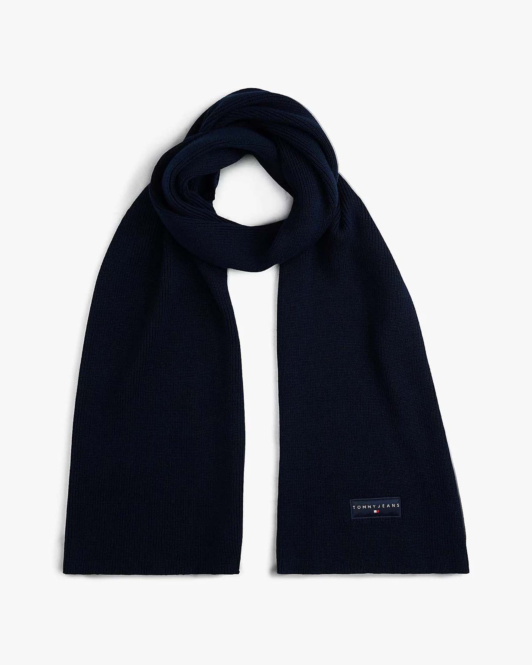 Sciarpa Tommy Jeans blu in cotone con patch logo applicata sul bordo