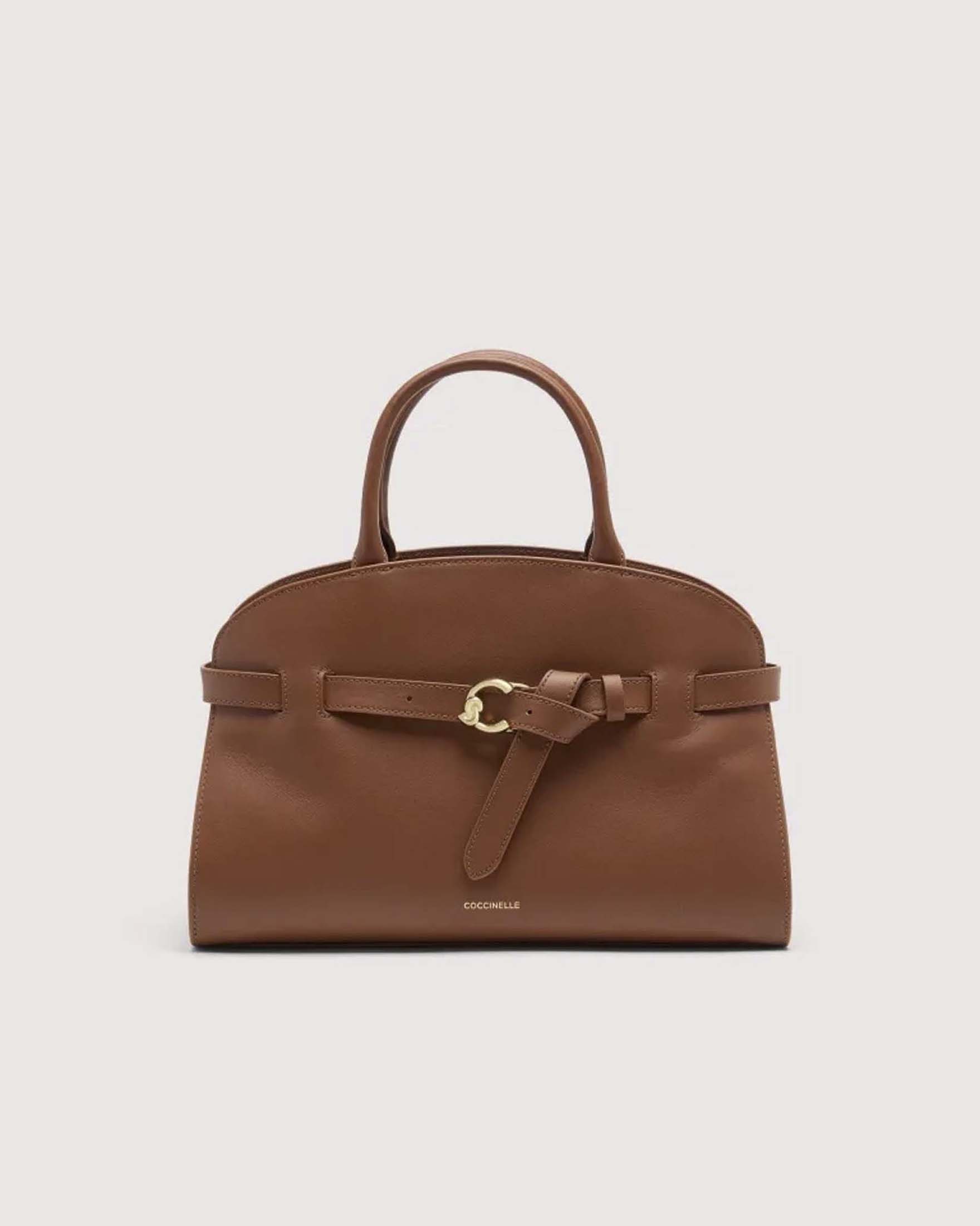 Borsa Sabine Medium a mano color cuoio in pelle liscia con cinturino logo C-ME
