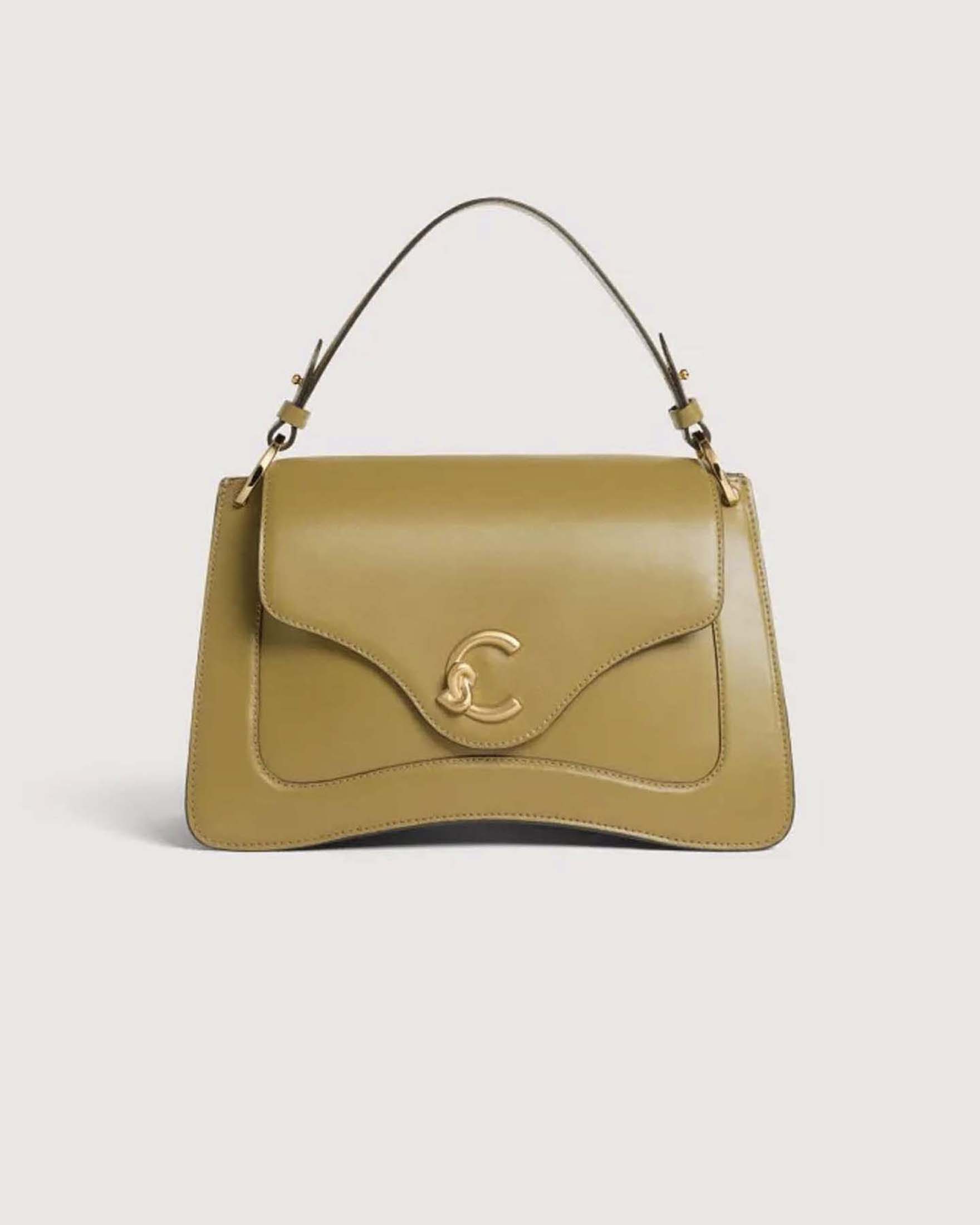 Borsa C-ME Medium a mano verde oliva in pelle liscia con manici removibili
