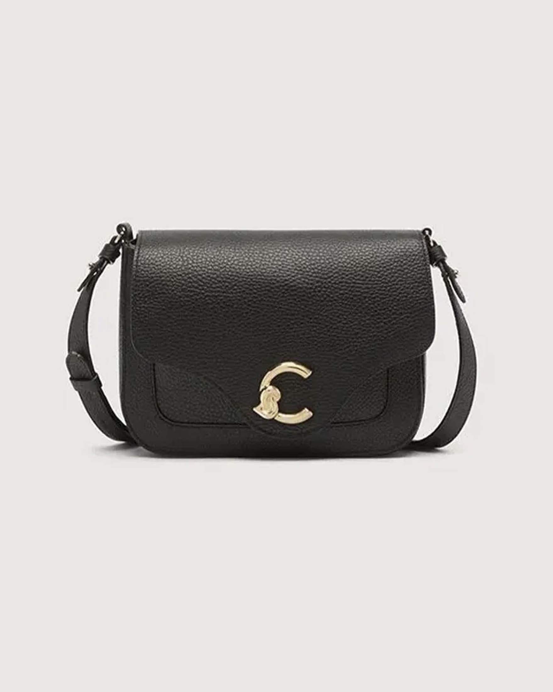 Borsa a tracolla C-ME Small nera in pelle martellata con logo dorato frontale