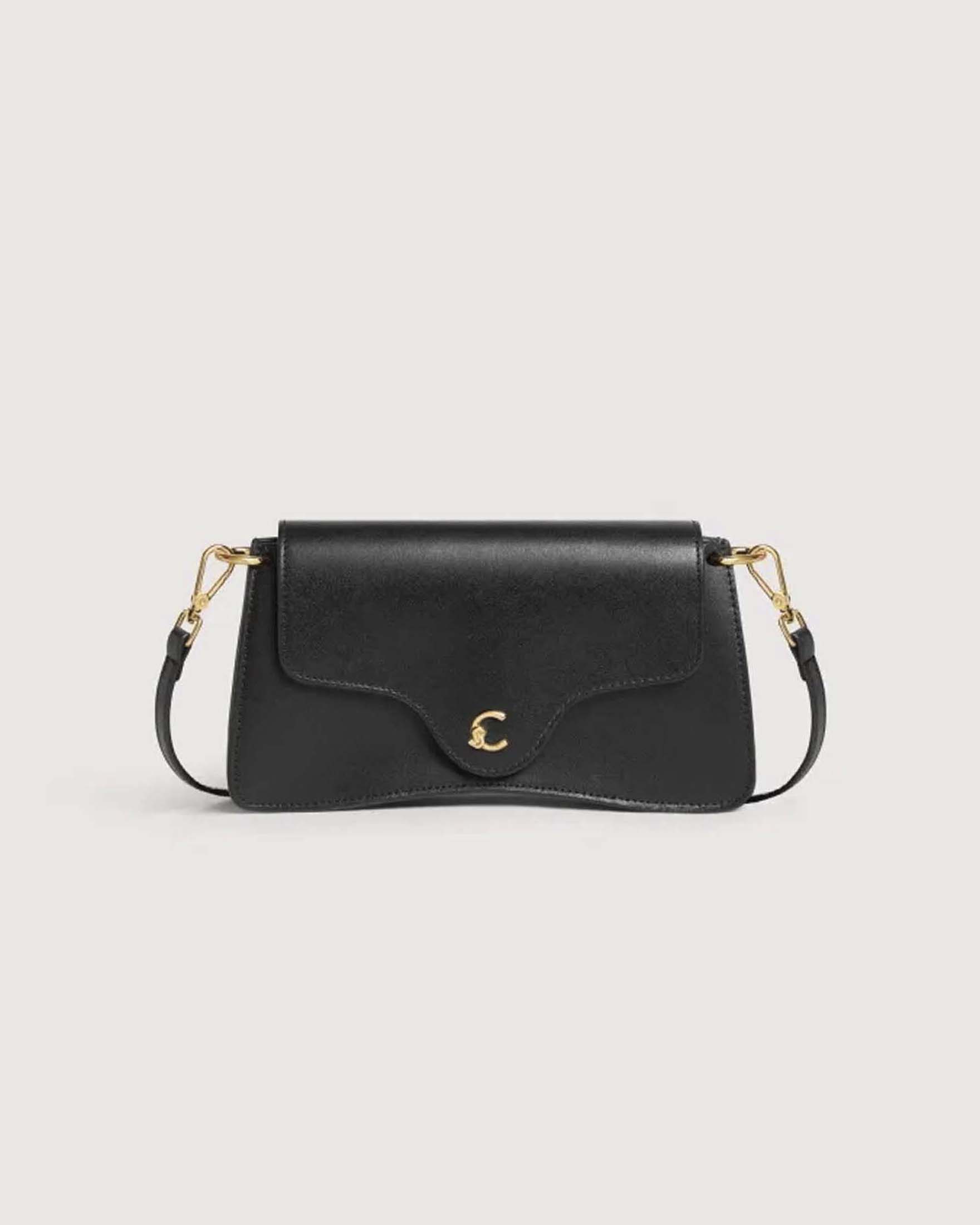 Borsa a tracolla Coccinelle C-ME mini nera in pelle liscia con logo dorato frontale