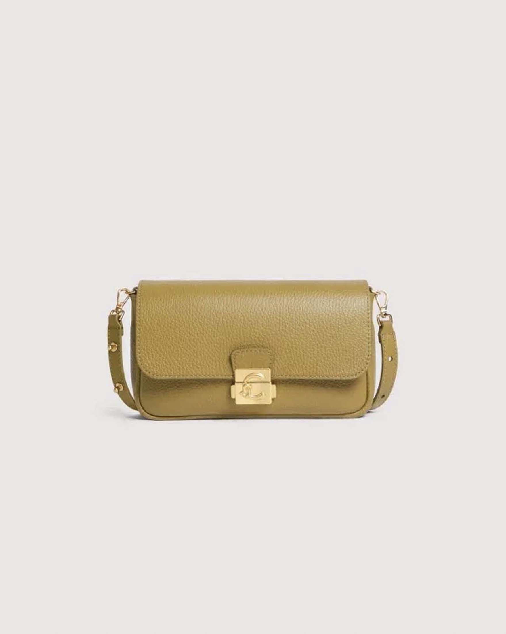 Borsa a spalla Coccinelle C-Me Lock Mini verde oliva in pelle martellata con chiusura tuc a pulsanti laterali