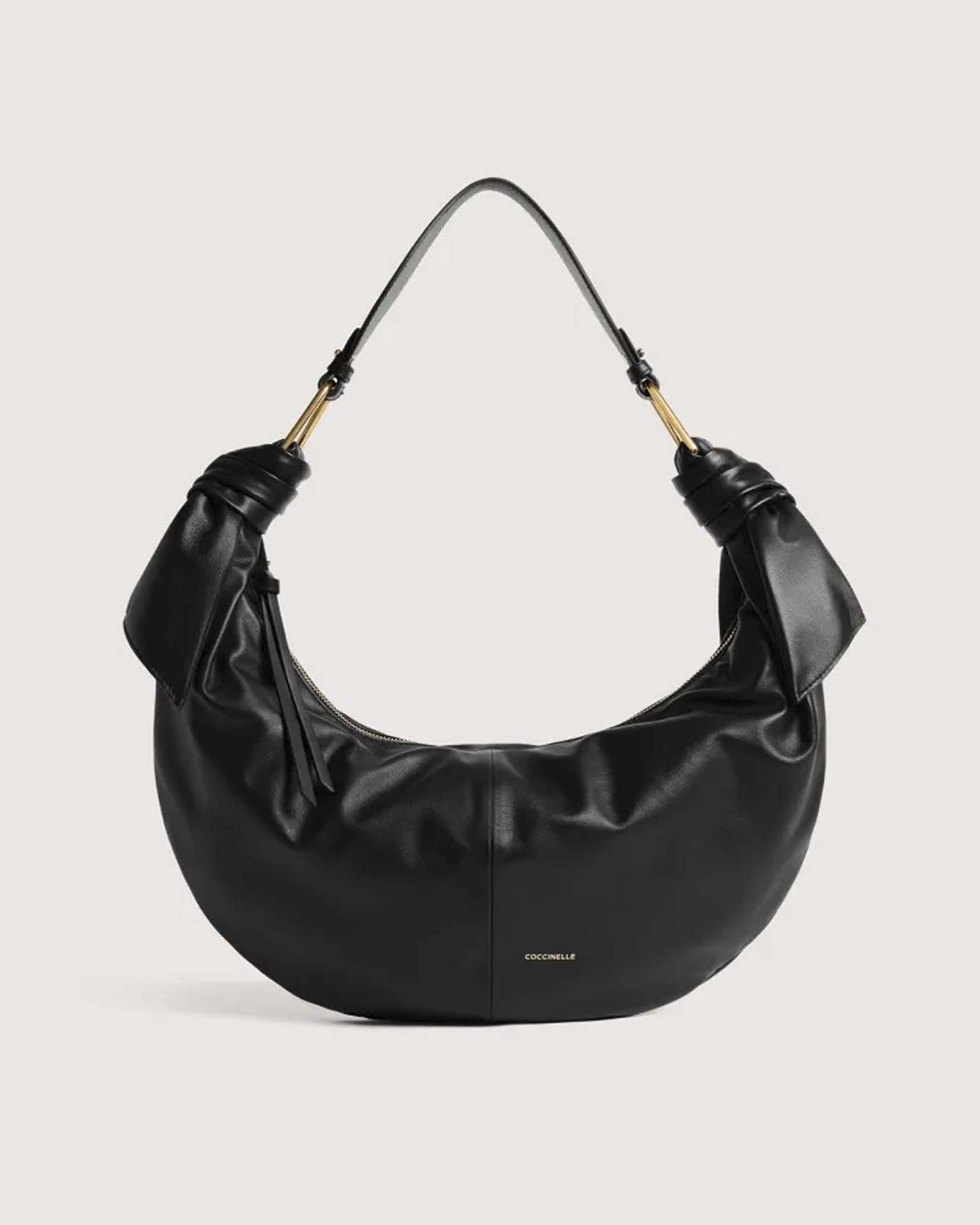 Borsa a spalla Furoshiki Large nera in pelle liscia a mezza luna