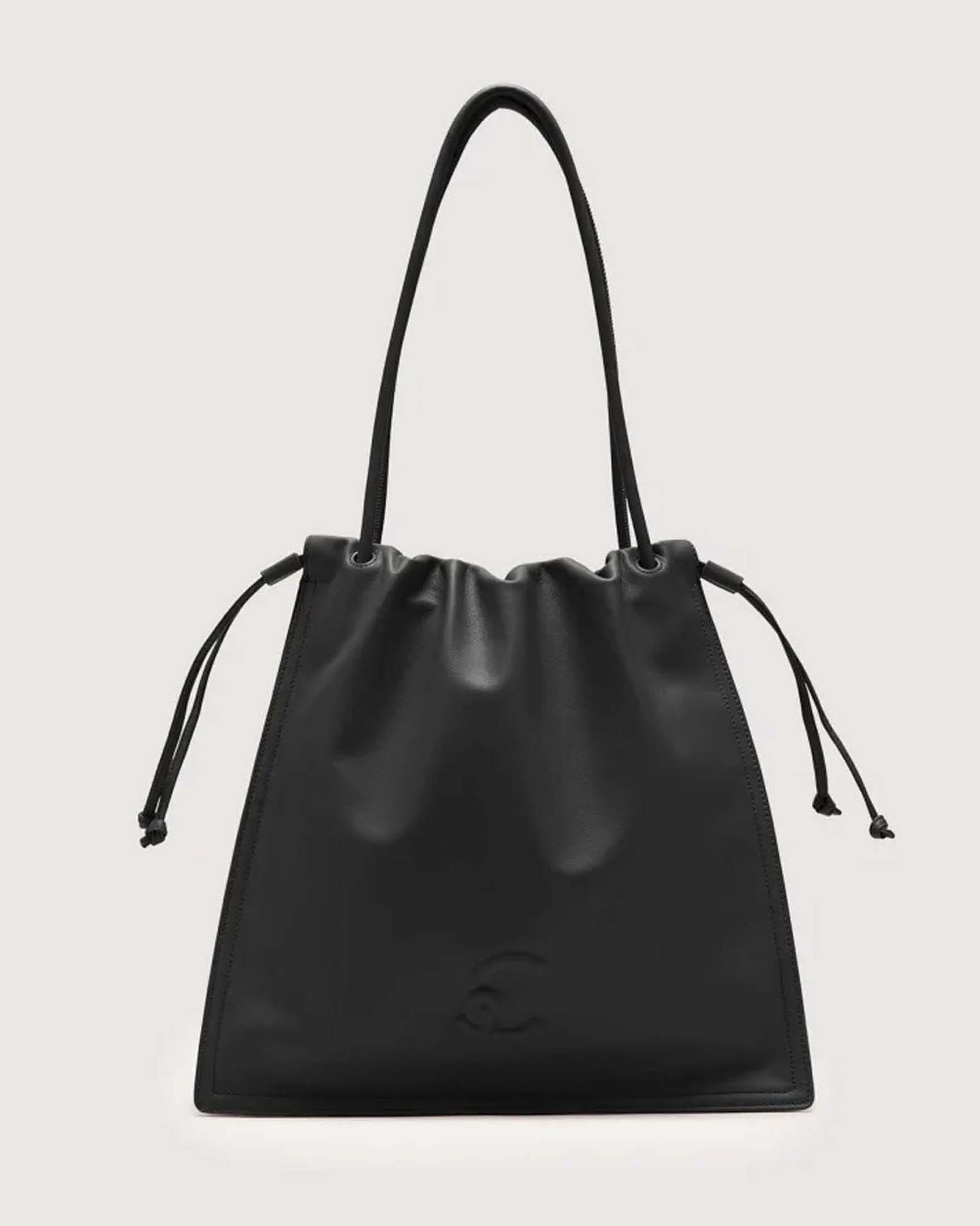 Shopping Bag Dulse Large nera in pelle liscia con chiusura a coulisse