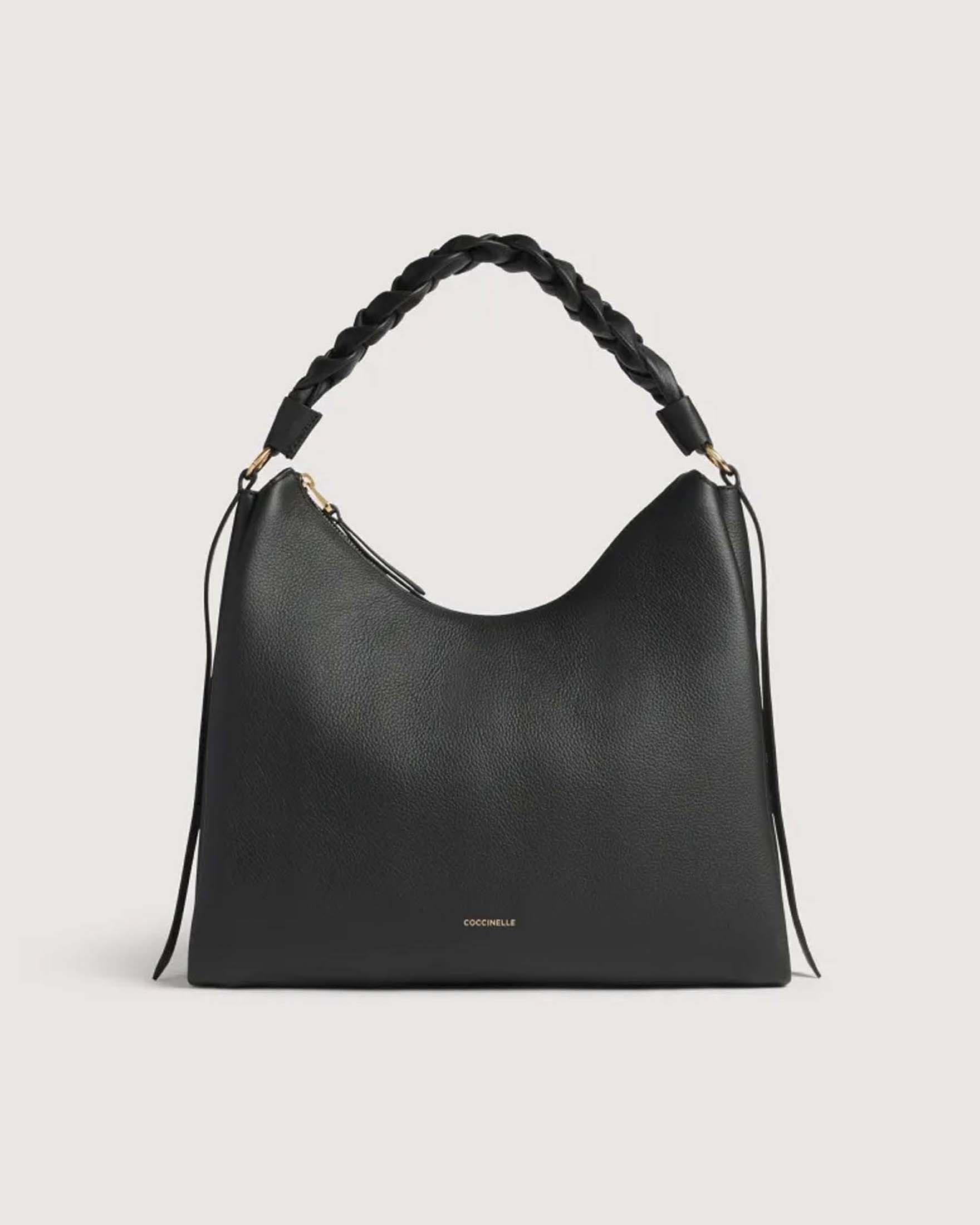 Borsa a spalla Coccinelle Boheme Medium Hobo nera in pelle double con manico intrecciato