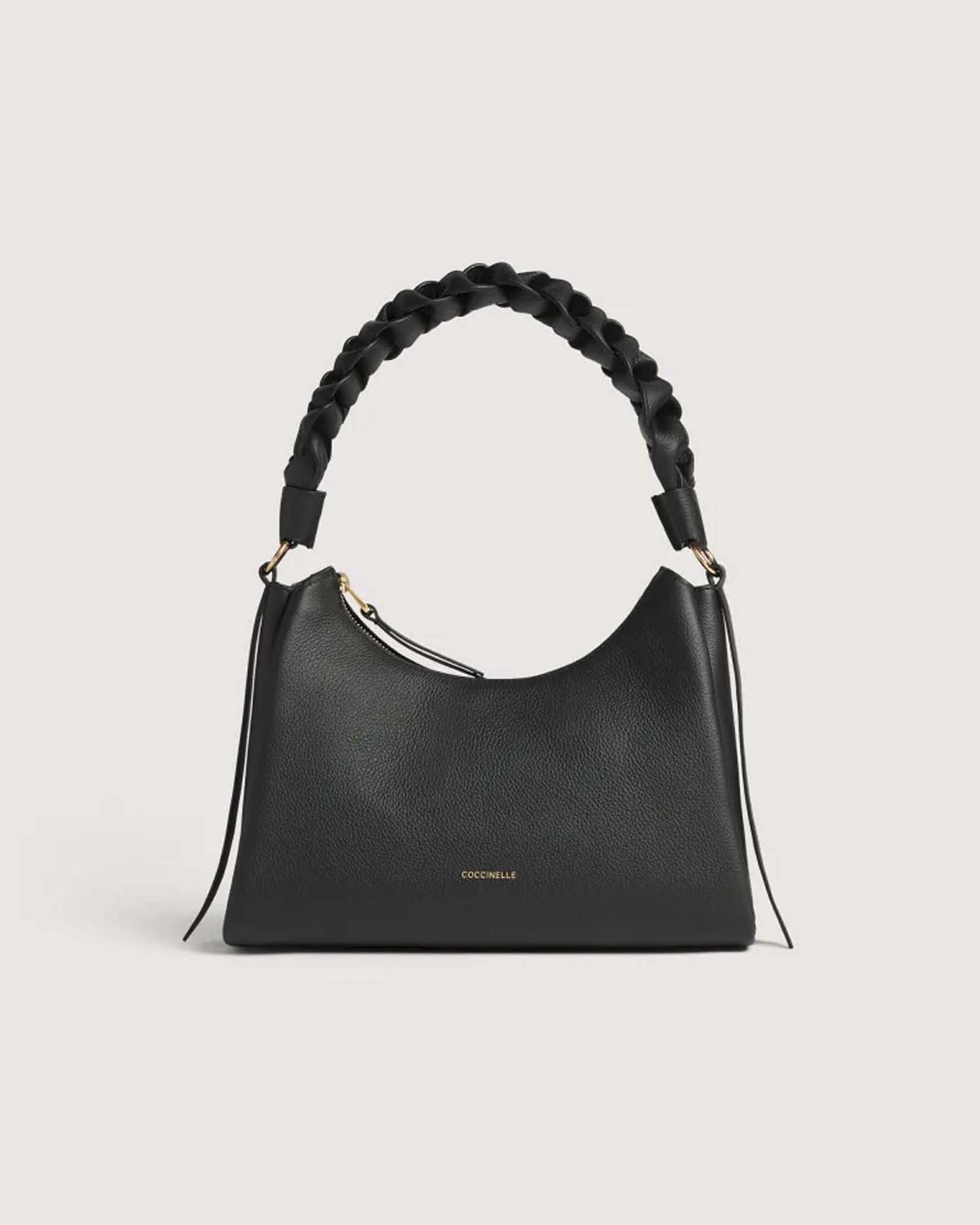 Borsa a spalla Coccinelle Boheme Small Hobo nera in pelle double con manico intrecciato