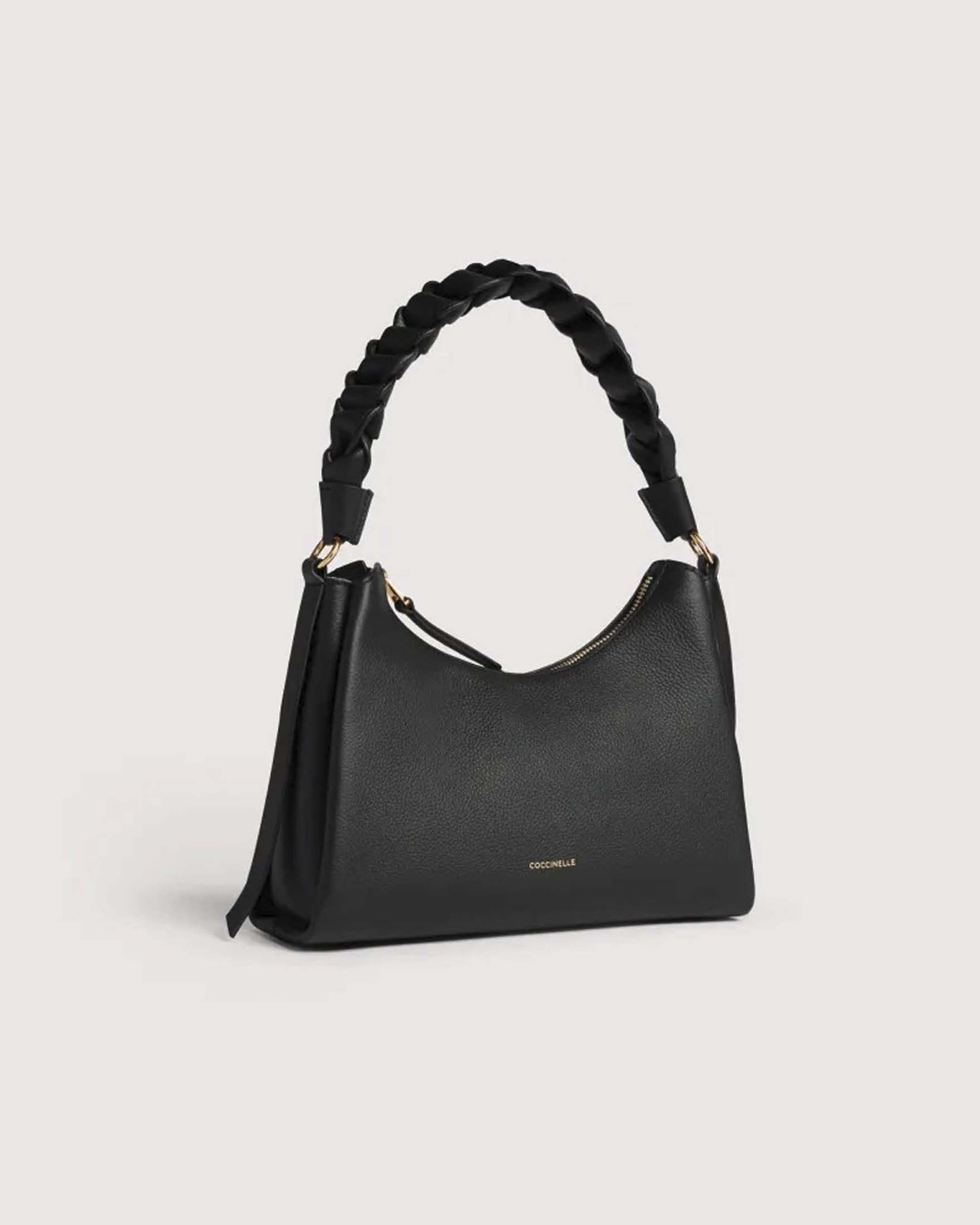 Borsa a spalla Coccinelle Boheme Small Hobo nera in pelle double con manico intrecciato image