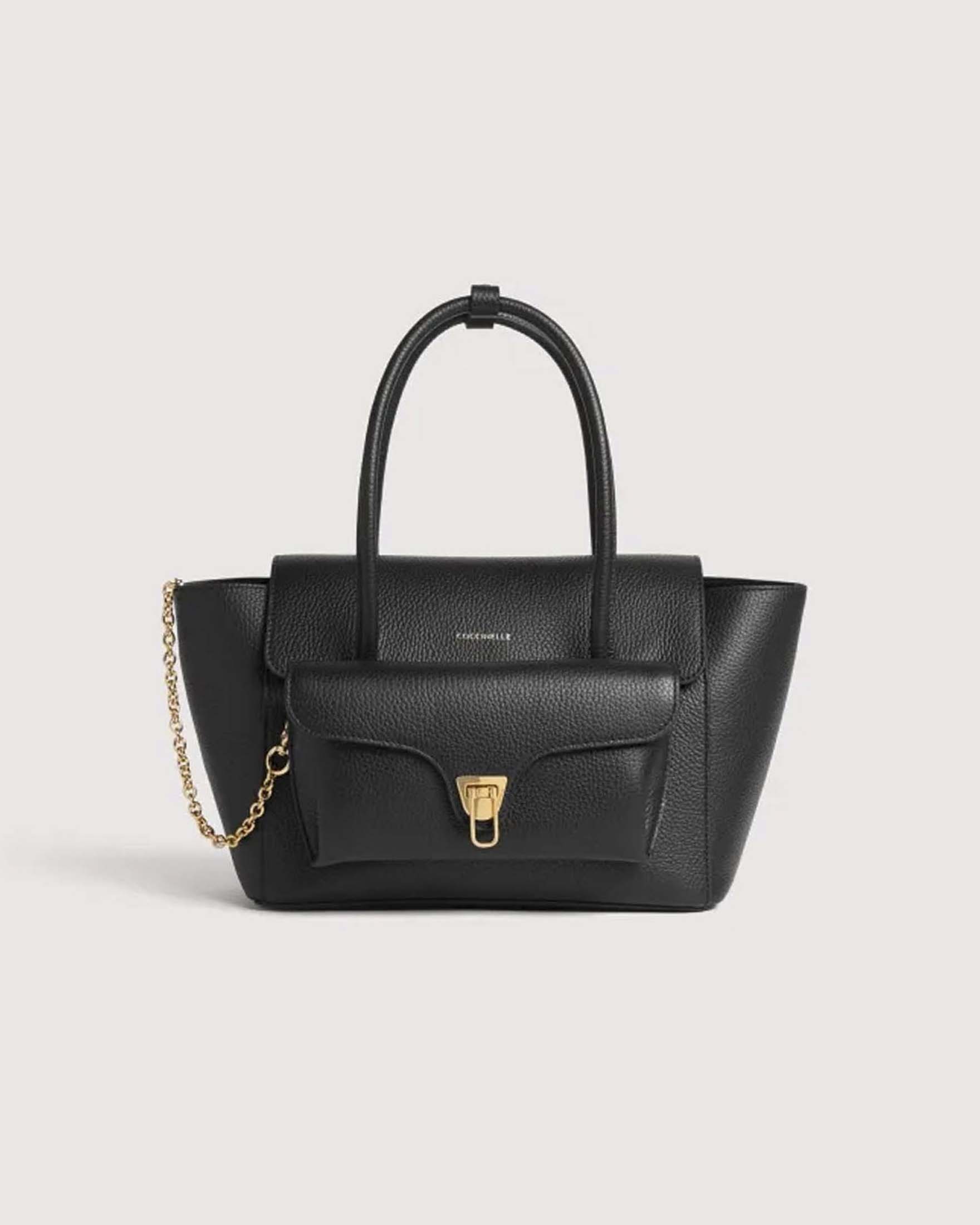 Borsa a mano Coccinelle Double Beat Medium nera in pelle martellata con tasca Beat removibile e indossabile singolarmente