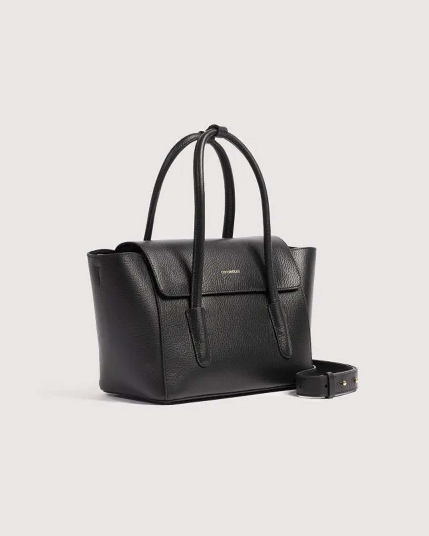 Borsa a mano Coccinelle Double Beat Medium nera in pelle martellata con tasca Beat removibile e indossabile singolarmente image