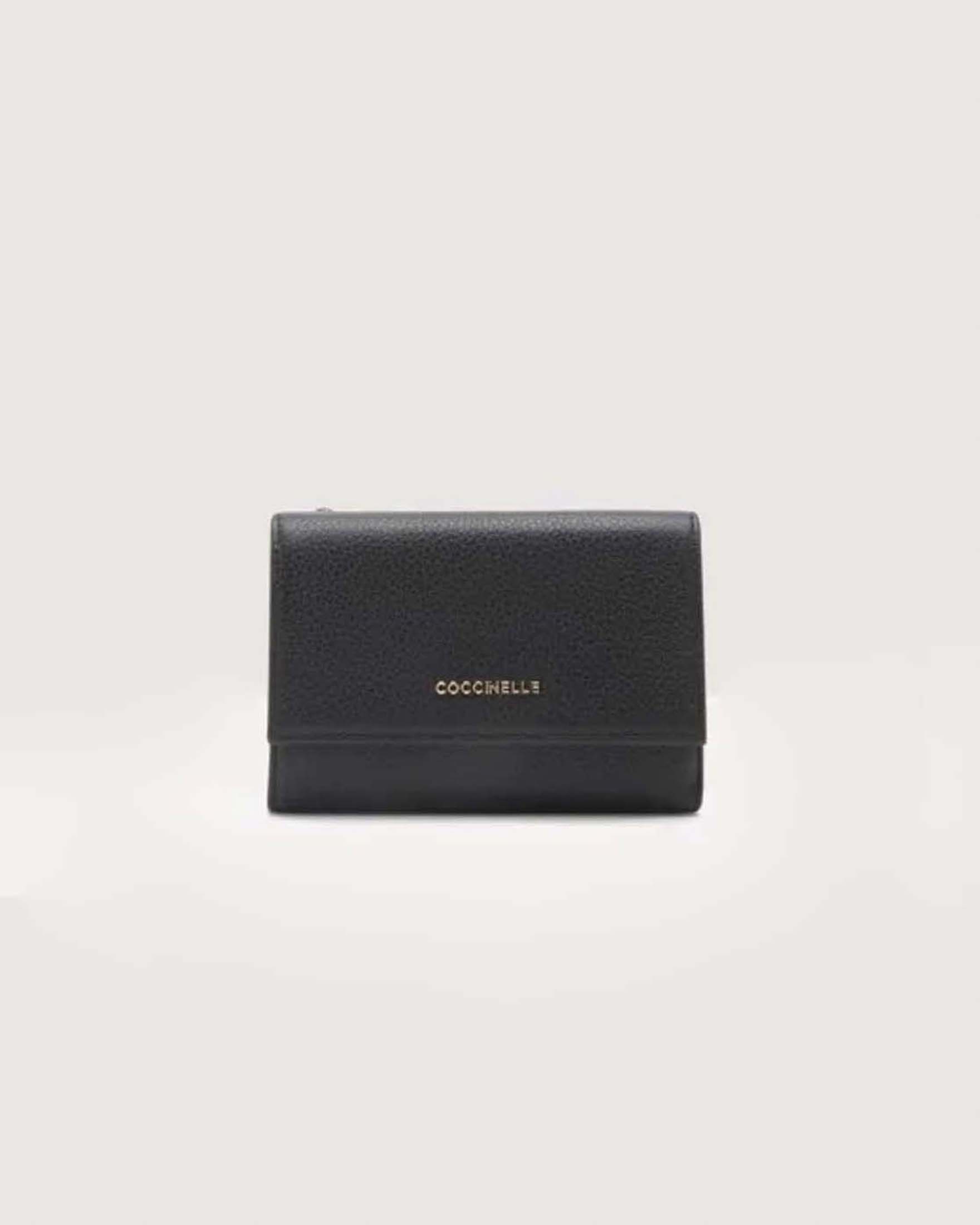 Portafoglio a libro Metallic Medium nero in pelle martellata con portamonete chiuso a zip