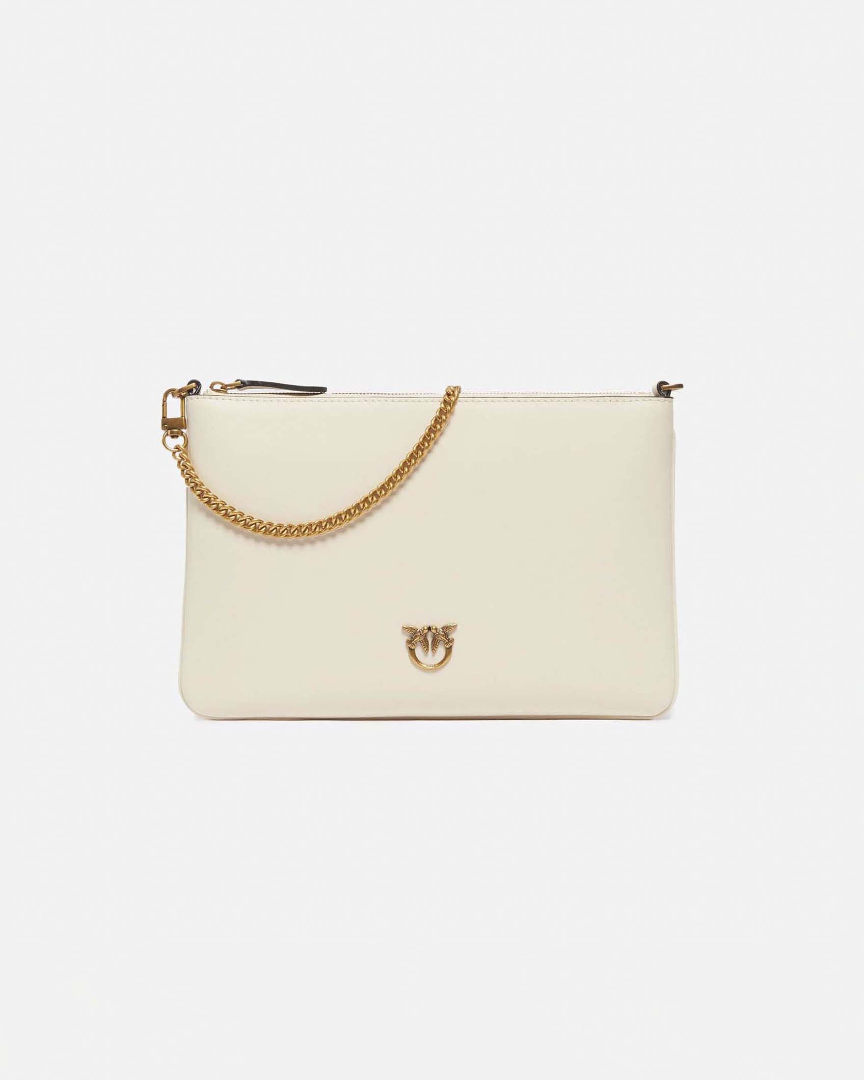 Borsa Flat Love Bag Pinko in pelle liscia bianca con tracolla removibile e logo dorato